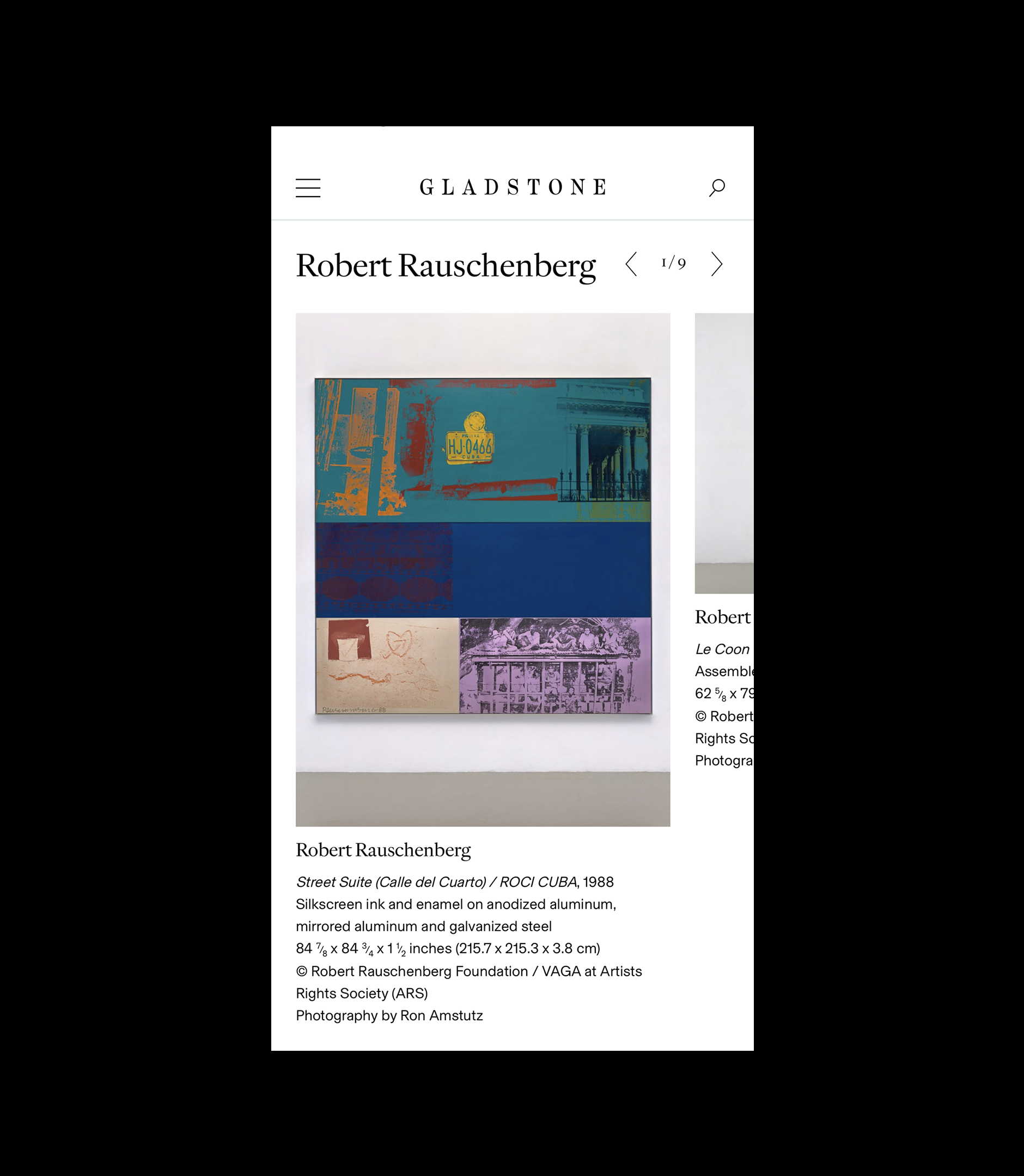 Screenshot of a mobile website displaying Robert Rauschenberg’s artwork Street Suite (Calle del Cuartel / ROJO CUBA), featuring a multicolored abstract print with text and images, along with artwork details below.