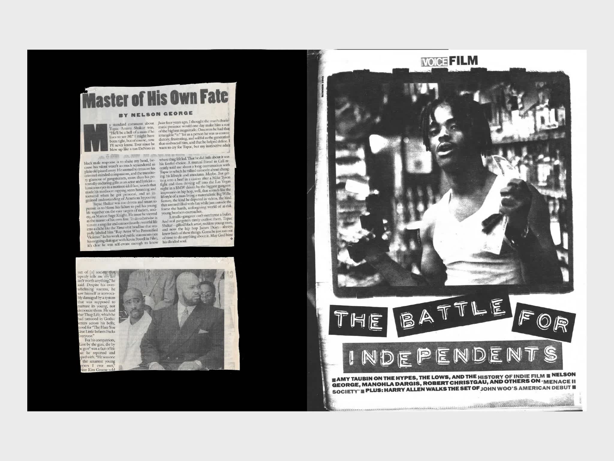 Two page spread. Left side is two weathered newspaper clippings one on top of the other. The right side is the first page from a magazine article. It features a black and white photo of a man rapping. The article title tilts across the bottom of the page, beneath the image. 