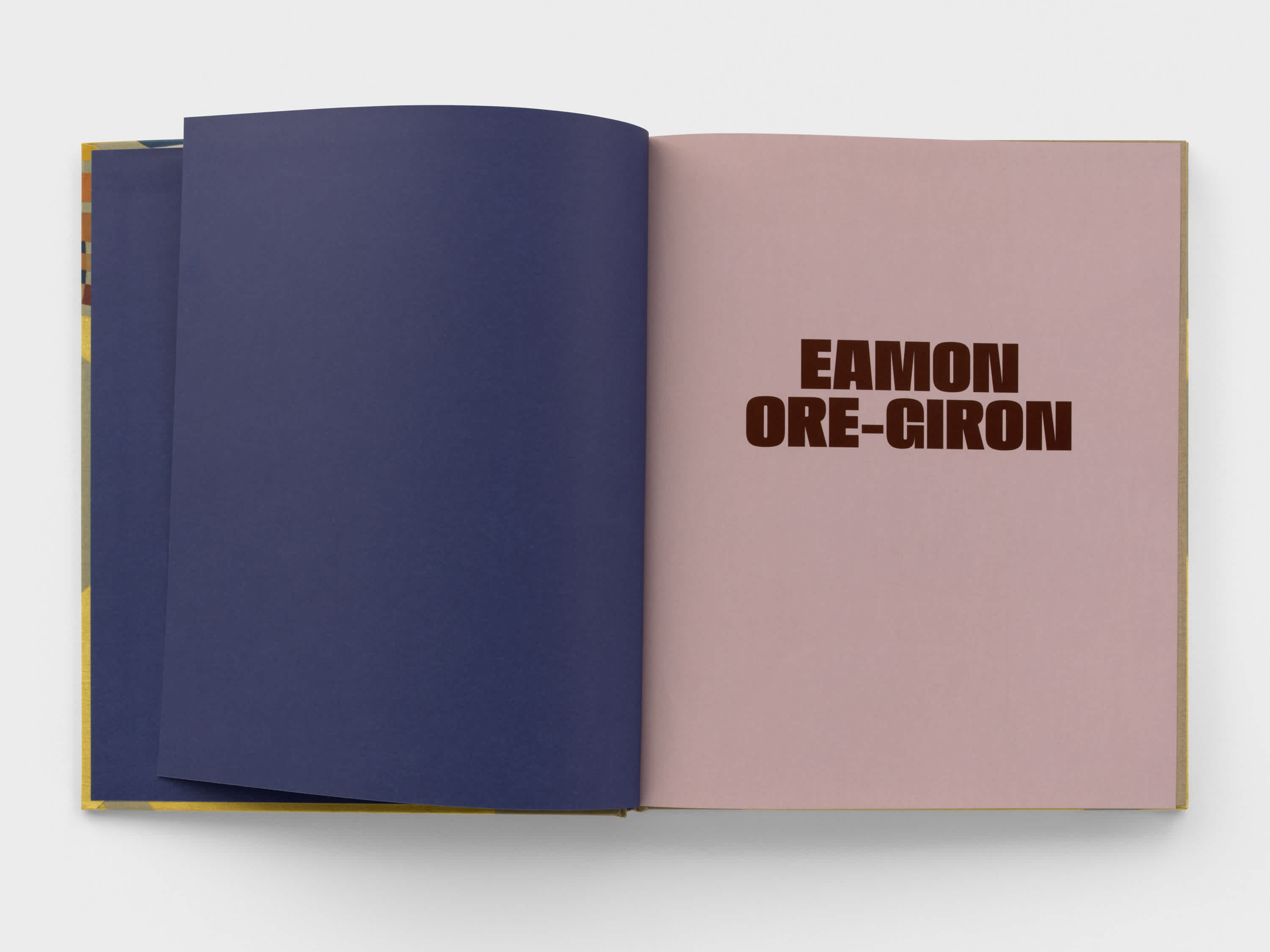 Open book with blue left page and dusty rose right page with maroon letters.