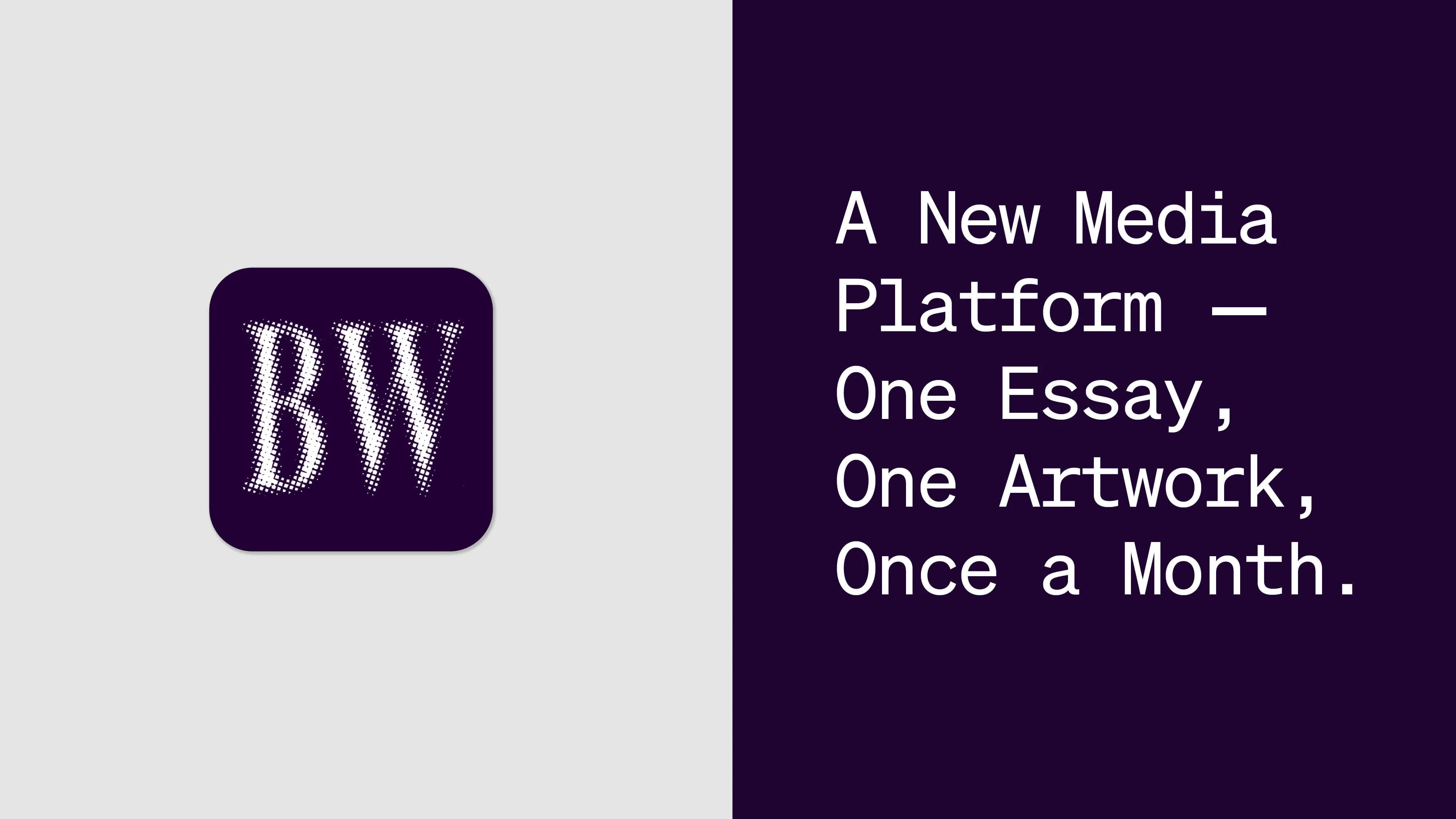 Split image. The left side is a white background with purple app icon in the center. The app has the letters "BW" printed in white. The right image is purple with white text on it.