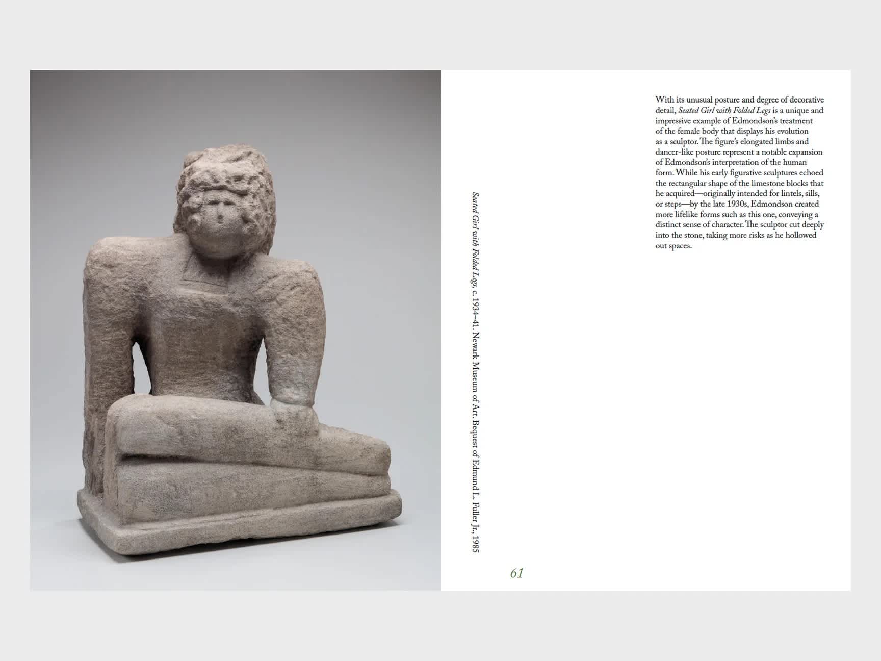 Two page book spread with a full bleed image of a person carved in stone on the left and a description of the carving on the right.