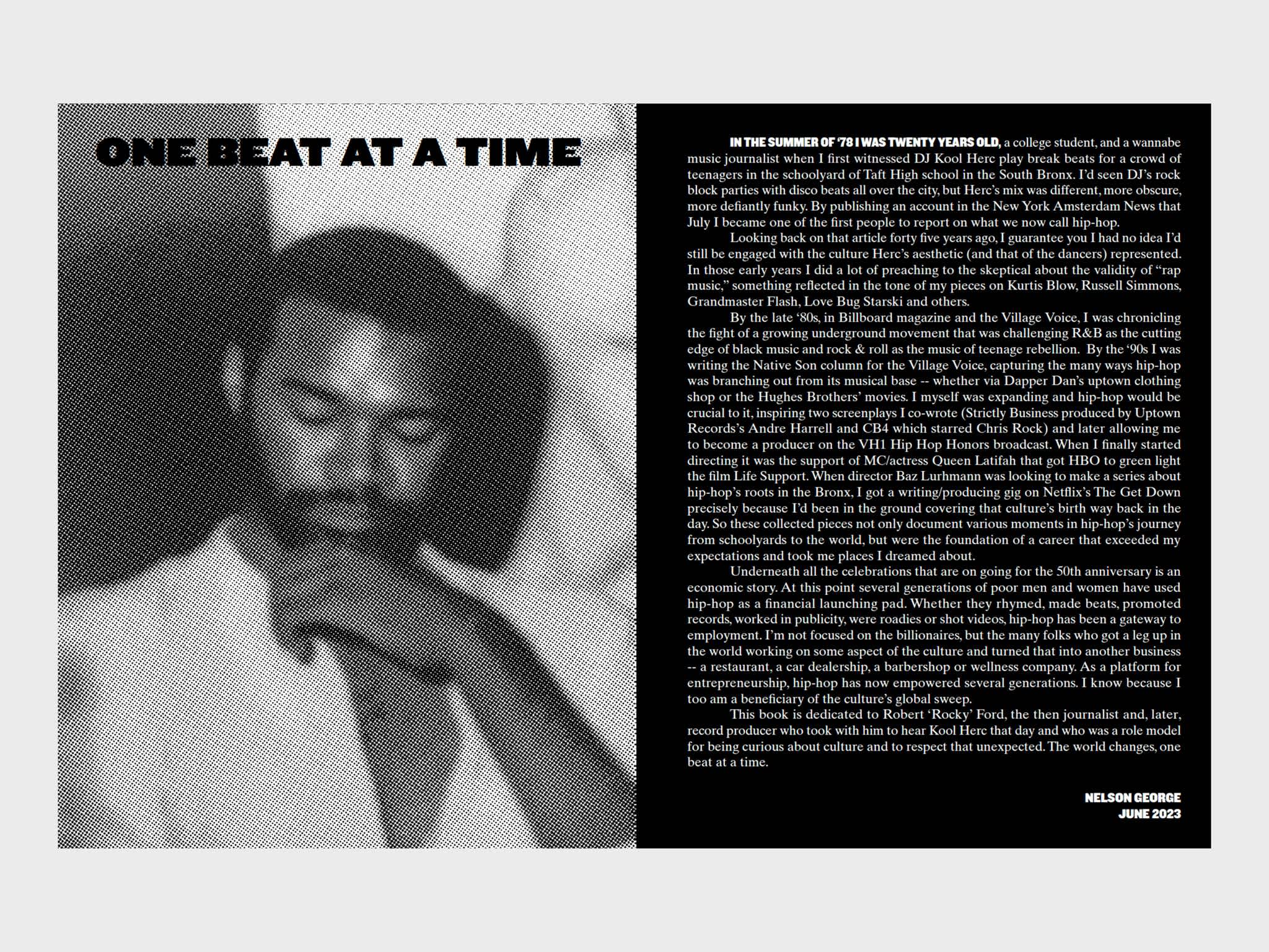Two page spread. Left is a black and white portrait of the author Nelson George. The right is an essay typed in white text on a black background, it fills the page.