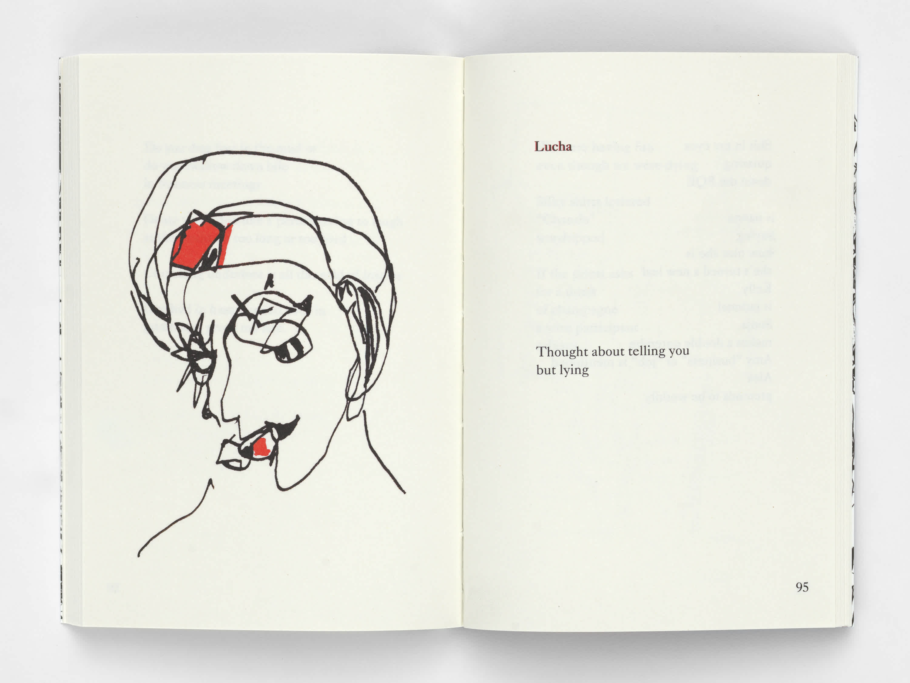 Open book with a red and black sketch on the left page and a poem on the right page.