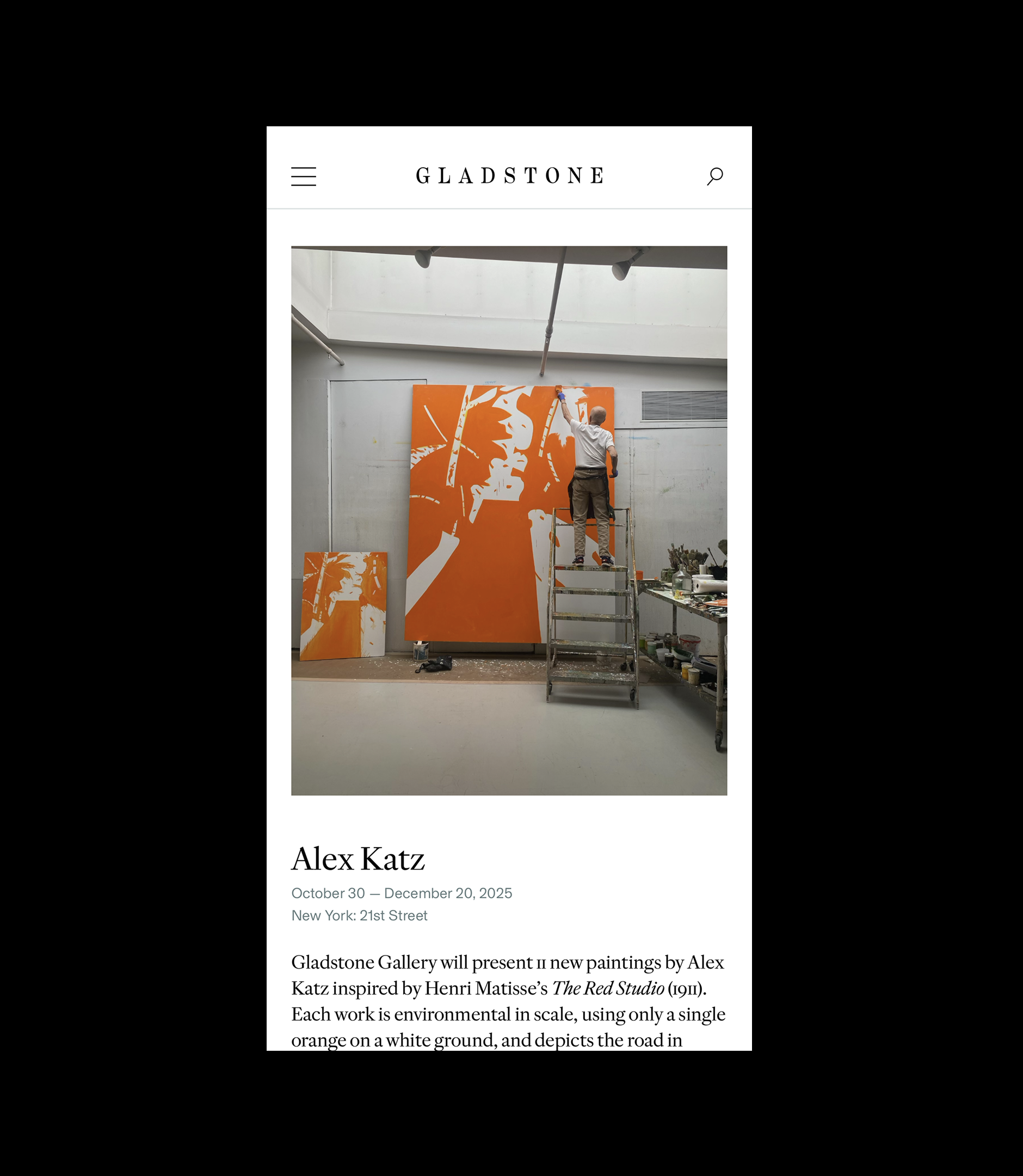 A person stands on scaffolding painting a large orange and white artwork on a wall in a bright studio. Exhibition details for Alex Katz at Gladstone Gallery appear below the image.