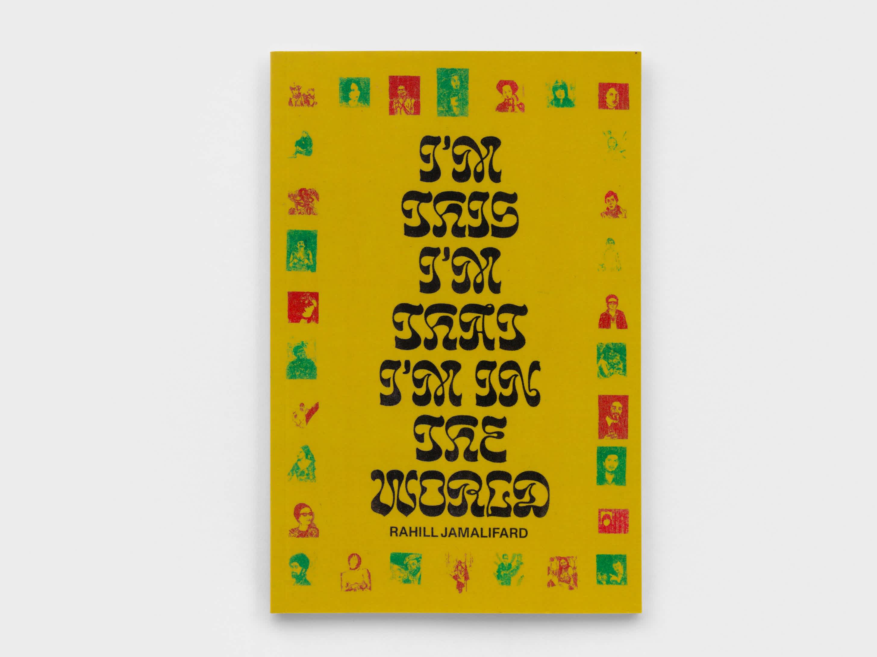 Yellow book cover with alternating red and green images of people's faces creating a border around a black stylized title. 