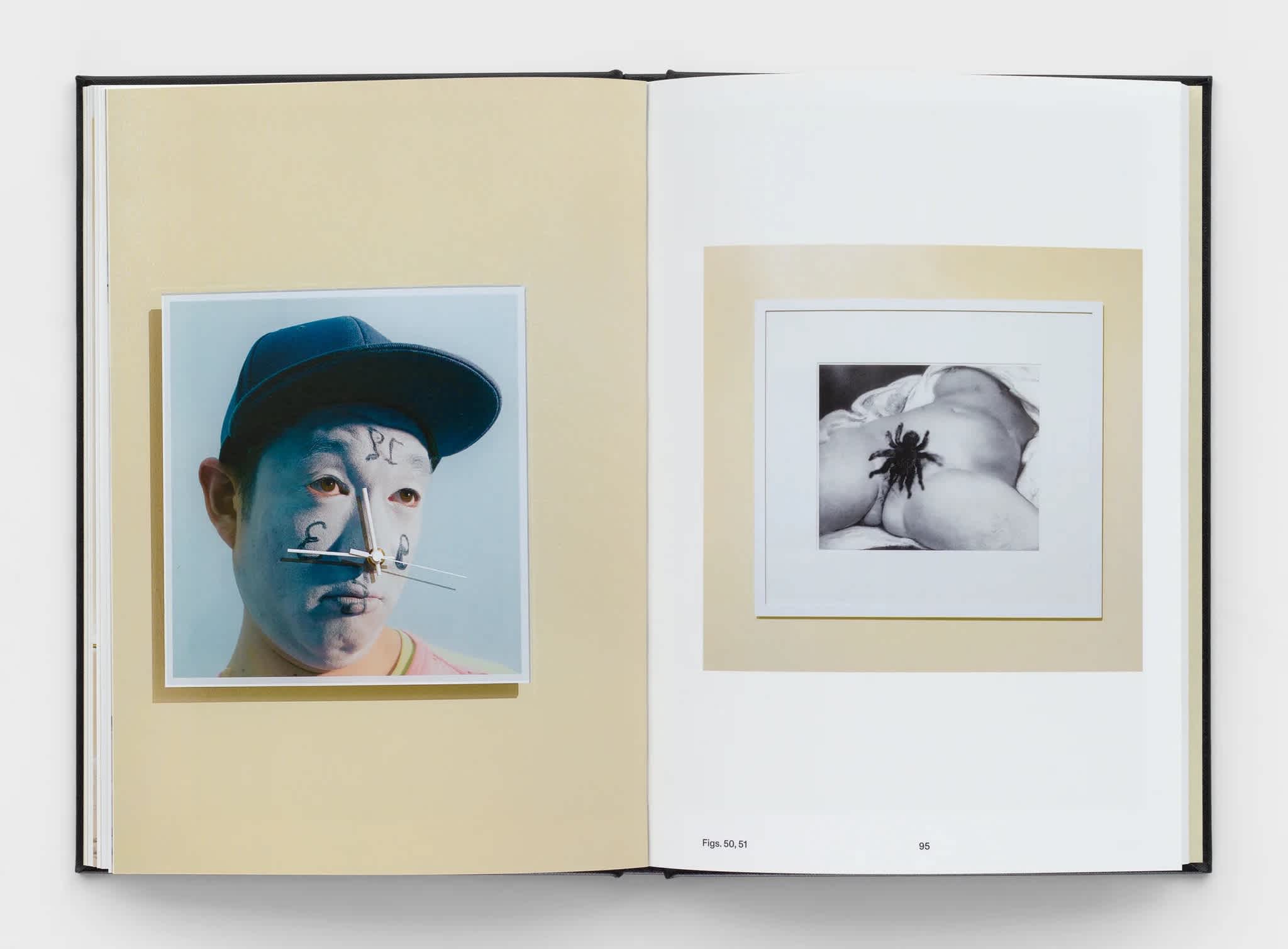 Two pages of an open book that each features a distinct artwork.