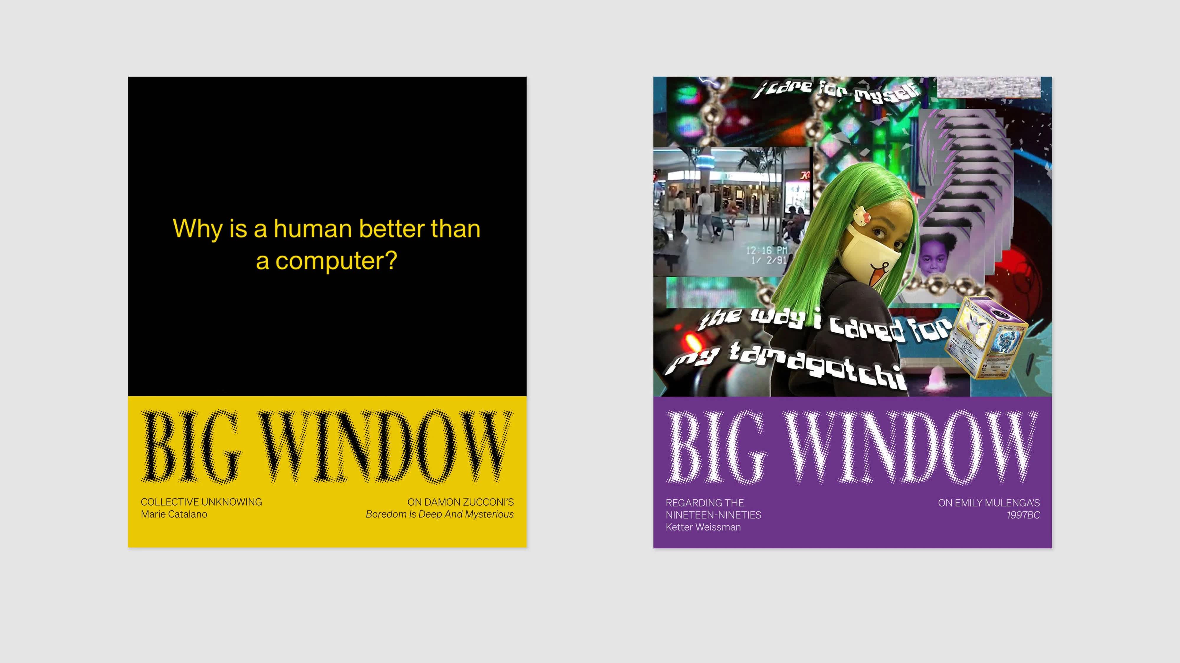 Two colorful square images on a light gray background. The left image is black and yellow. The right image is purple, green and white. Both images have the text "Big Window" at the bottom. 