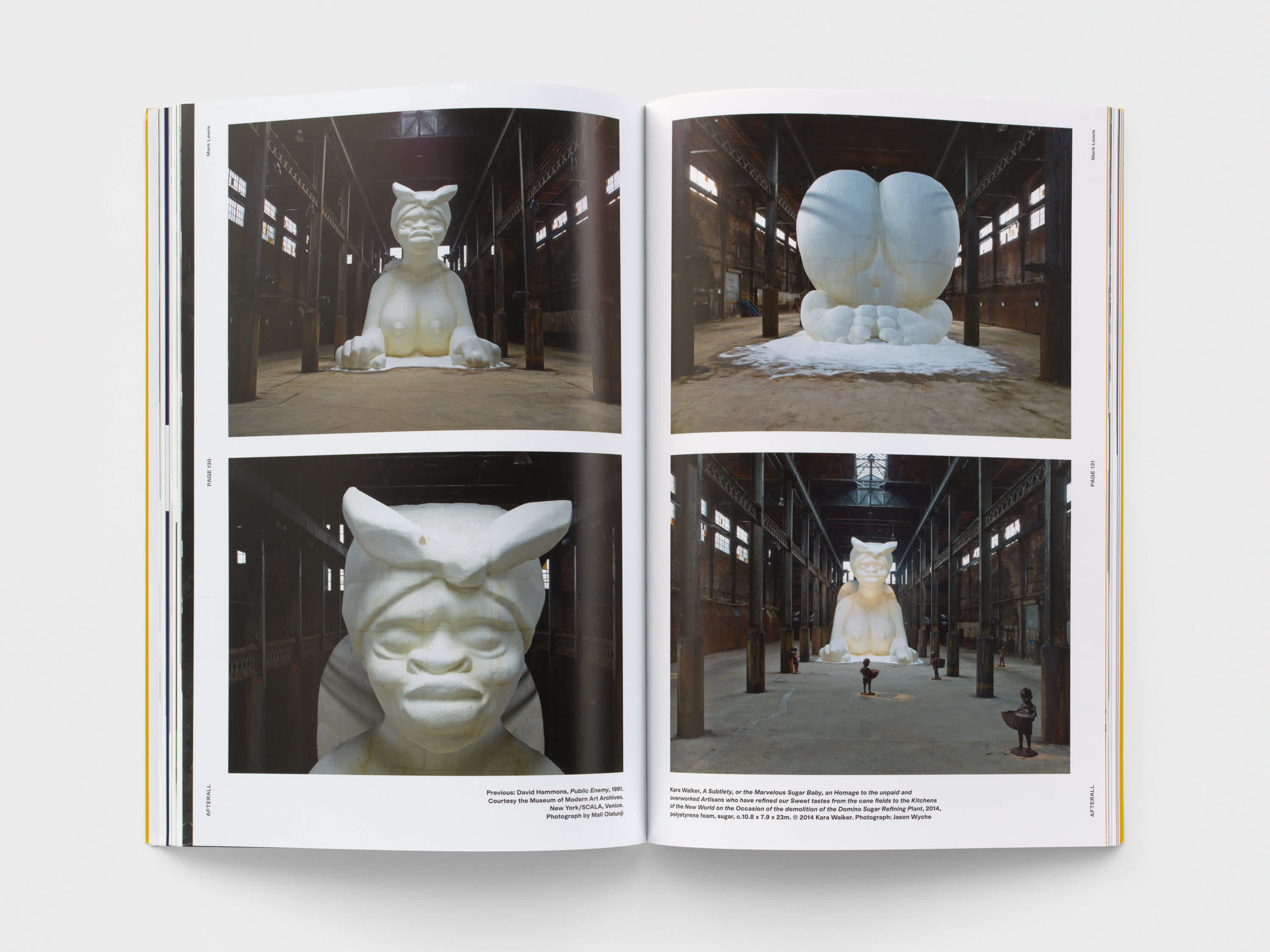  Open magazine with two images on the top and bottom of the left and right pages. The images are of a large-scale sculpture of a woman in a Sphinx position. The sculpture is white and fills the room  in which it's placed. 