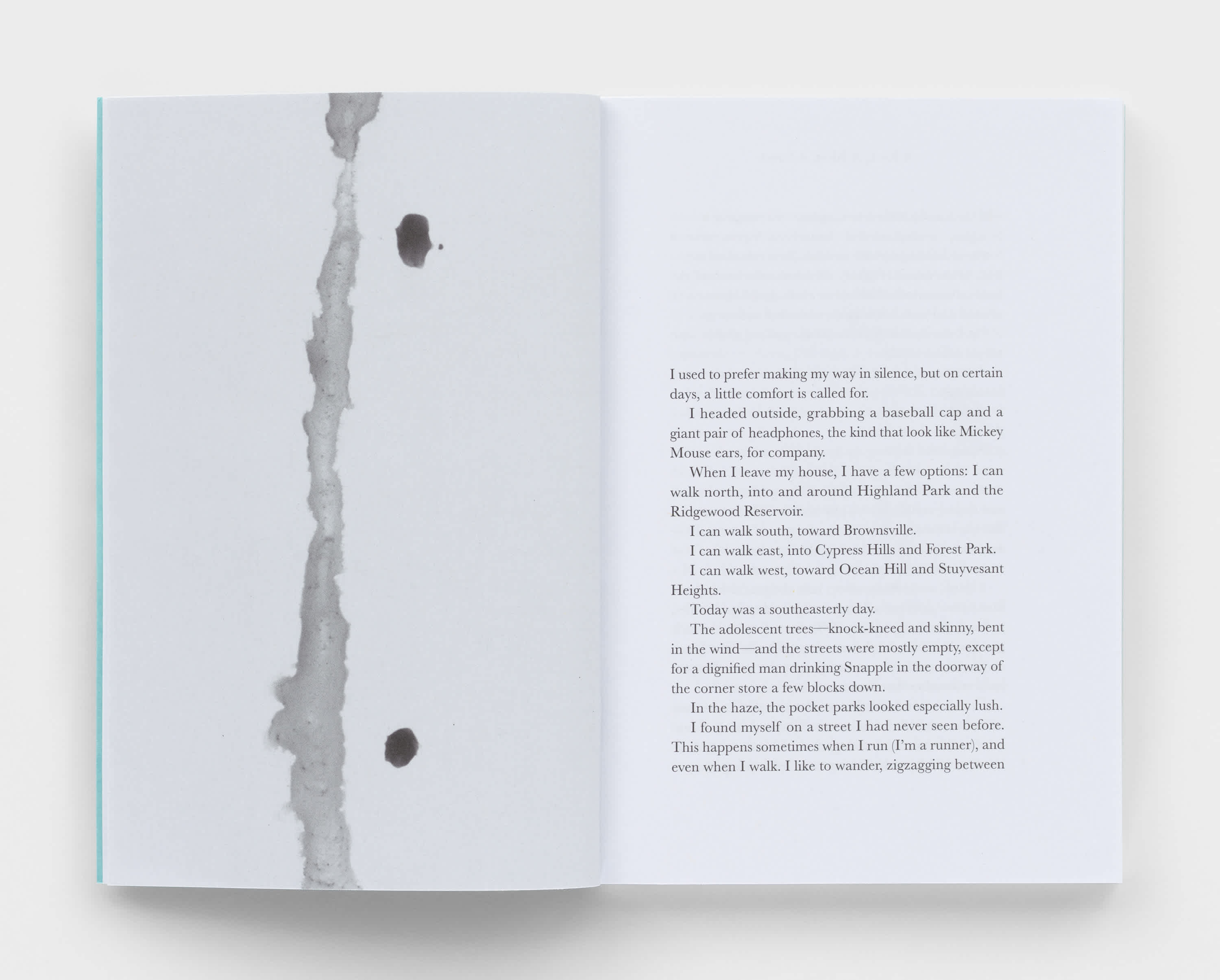 An open book with a vertical ink stain running from the top to the bottom of the left page. Two ink dots sit just to the right of the line. Text fills the bottom two-thirds of the right page.