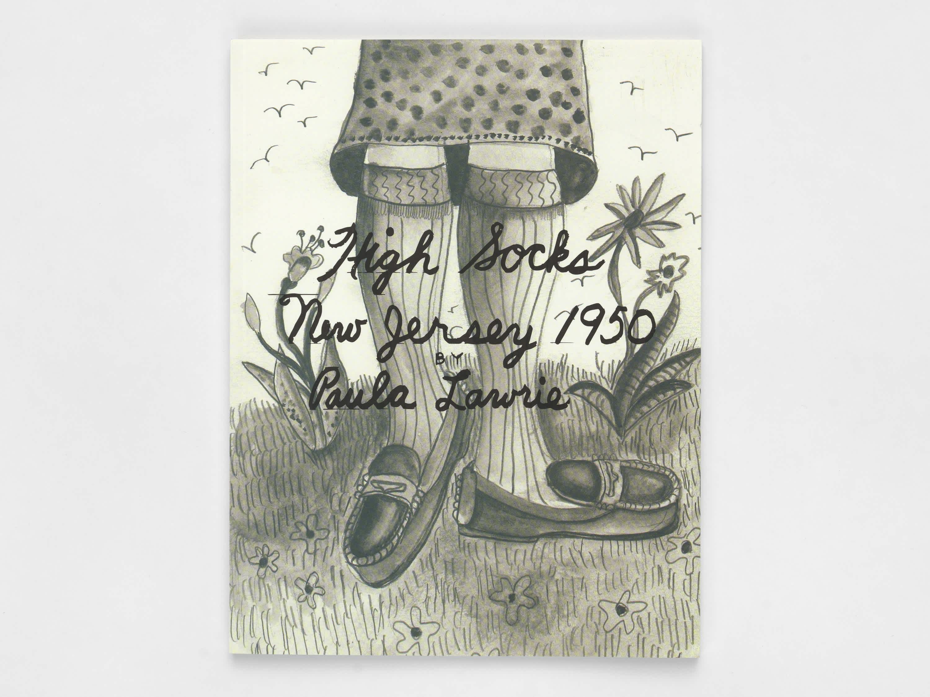 Book cover with ink drawing of a person's feet in socks and loafers. They stand on grass. There are flowers, sky and birds in the background.