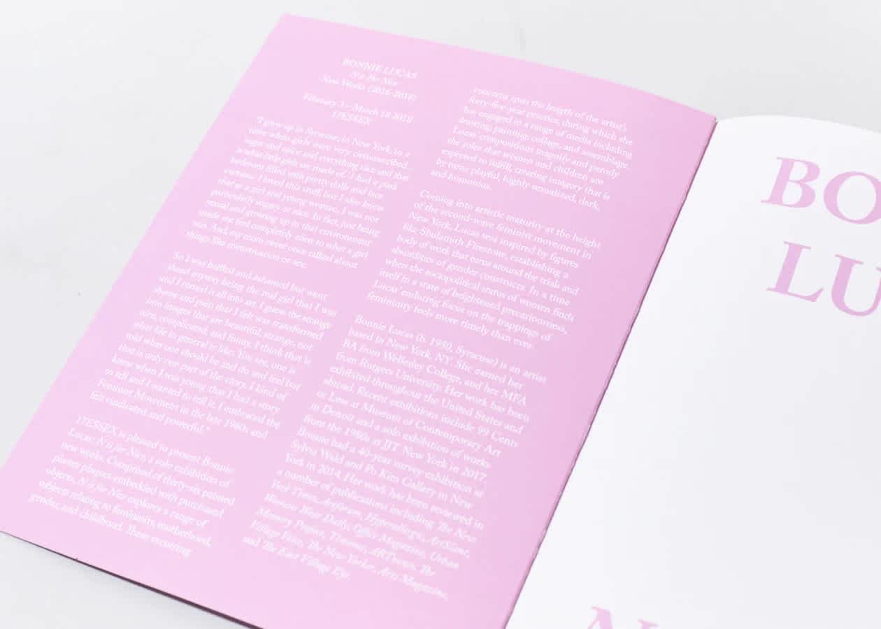 Detail of open book. Pink page with two columns of white text.