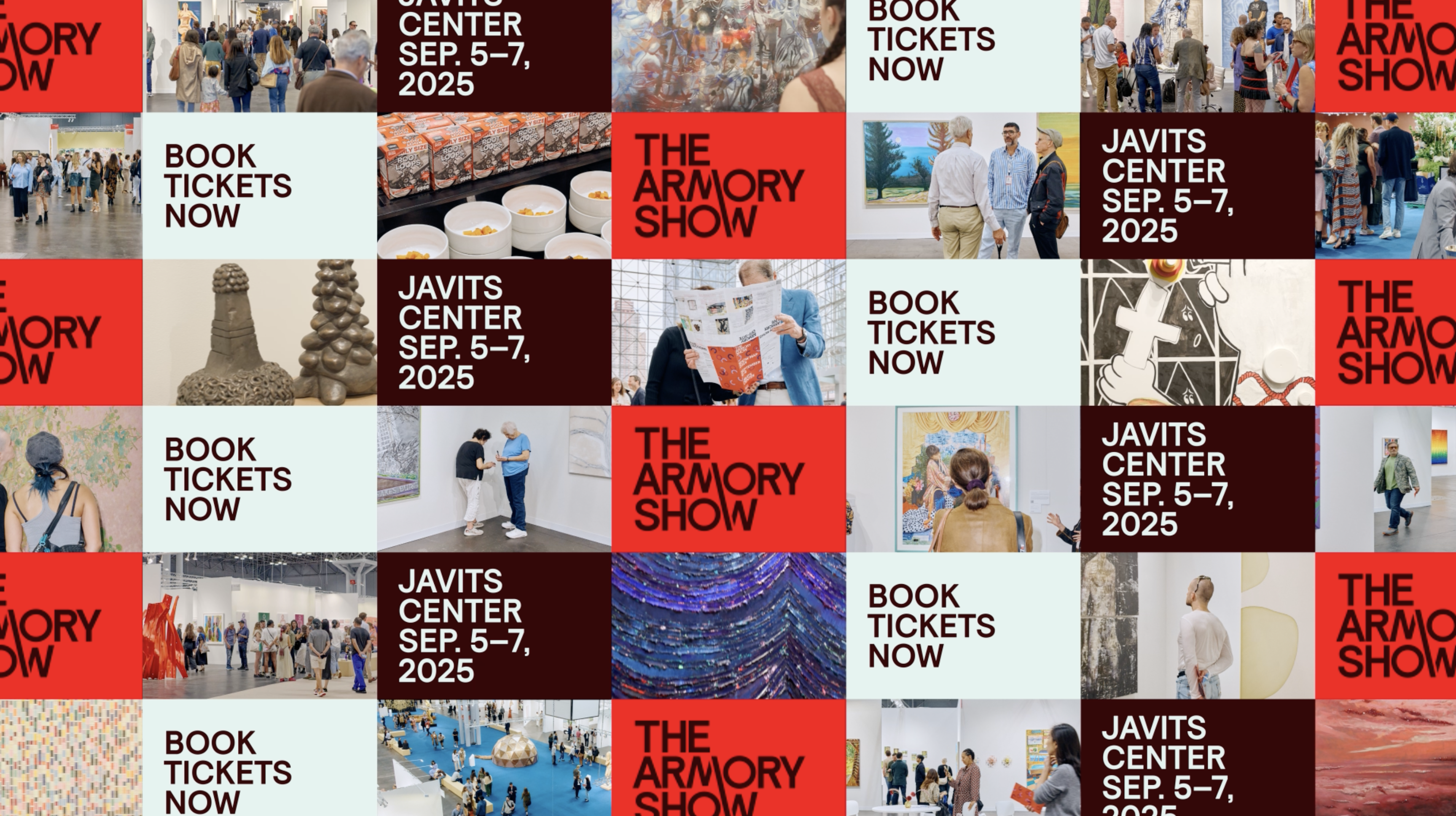 A grid of alternating images and text promotes The Armory Show at Javits Center, September 5-7, 2025, alongside photos of people viewing contemporary art and sculptures. Text reads: Book Tickets Now and The Armory Show.