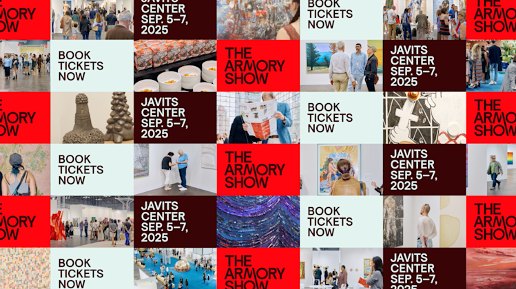 A grid of alternating images and text promotes The Armory Show at Javits Center, September 5-7, 2025, alongside photos of people viewing contemporary art and sculptures. Text reads: Book Tickets Now and The Armory Show.