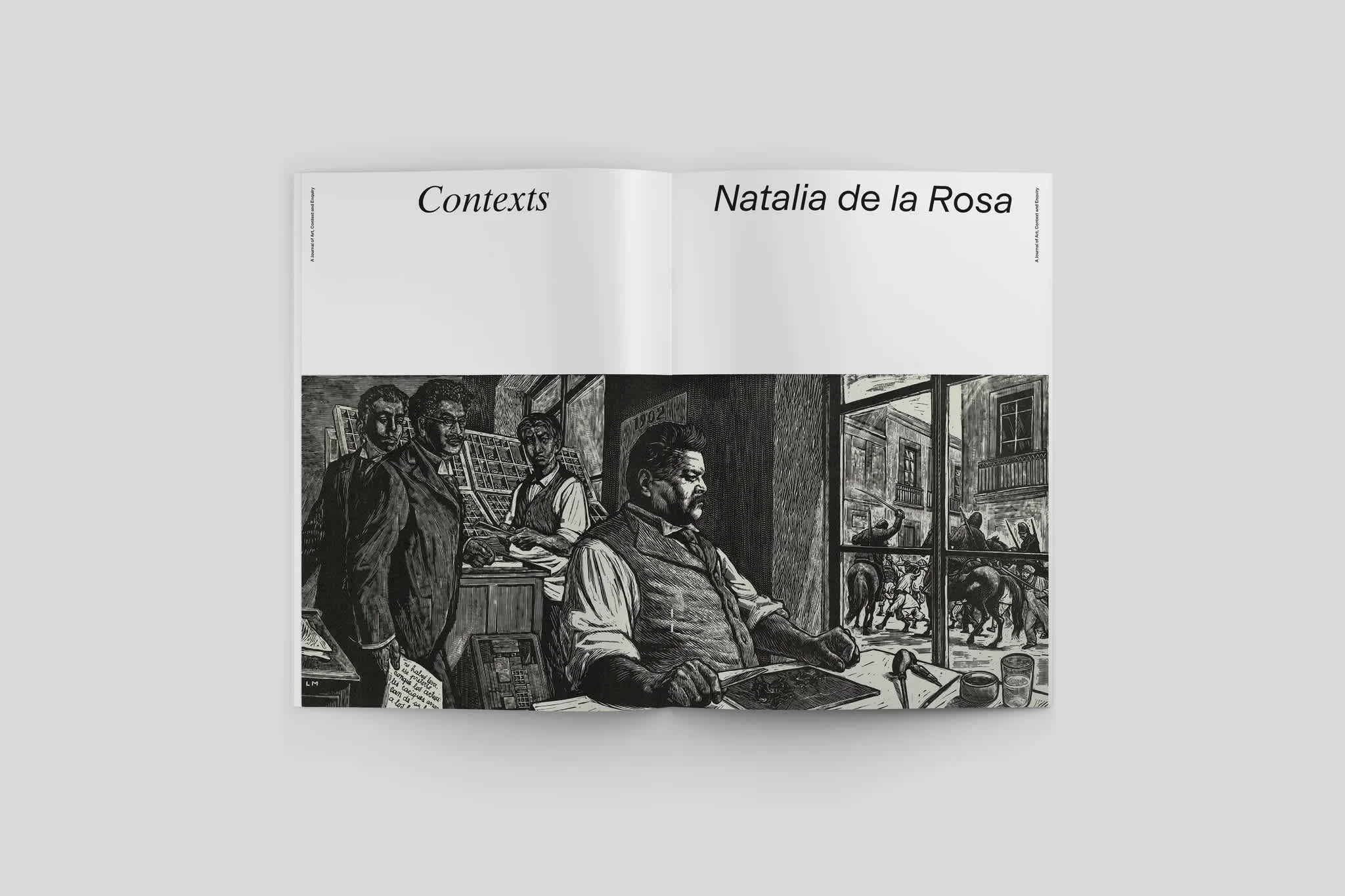 Magazine interior with a black and white etching taking up the bottom half of both pages. The top left page features the section header and the top right page features the author's name.