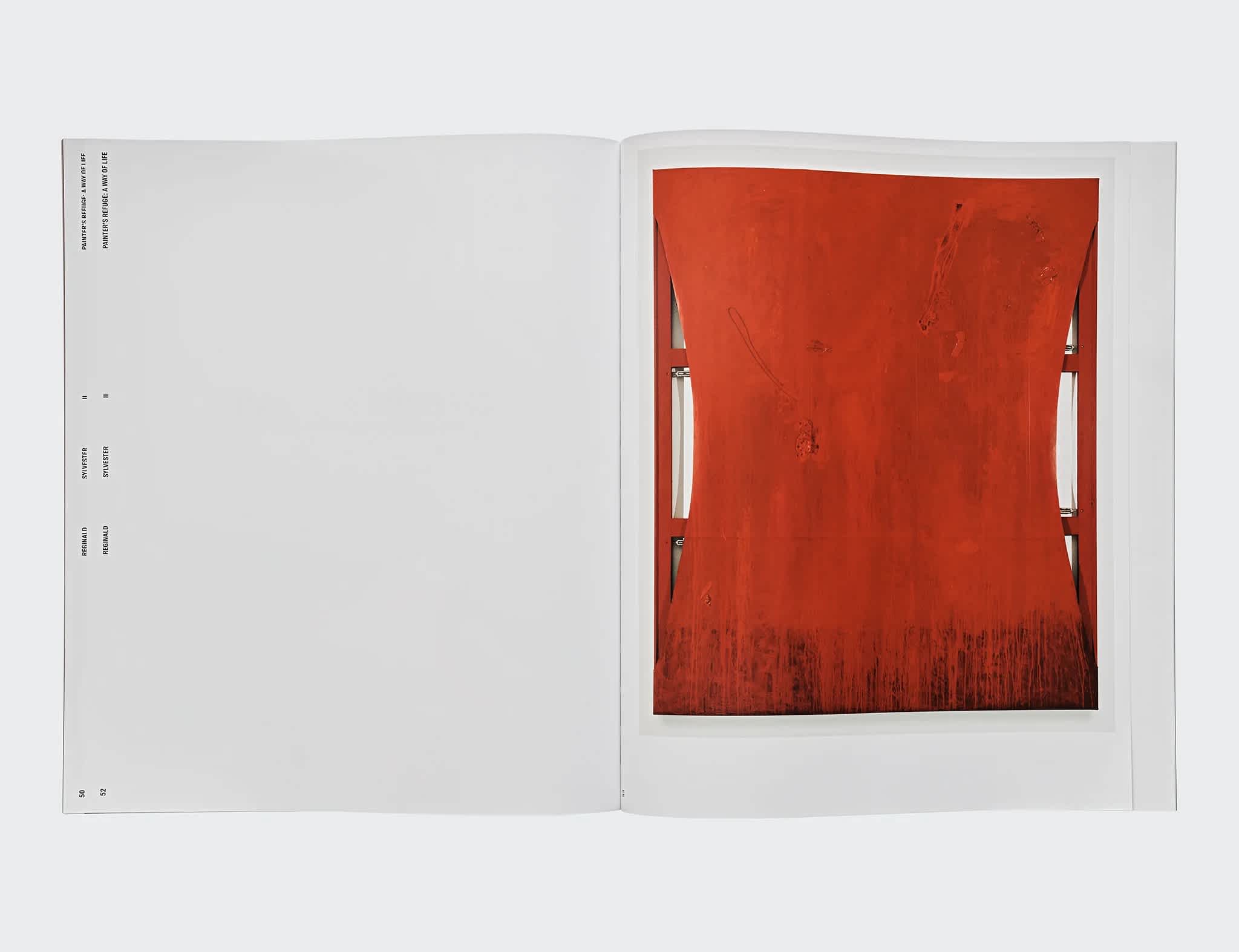 Interior of a book imposed on a white background. The left page is white with the book's title, page number and artist, printed in small black letters on the outside edge. The right page features a red, abstract painting by the artist Reginald Sylvester II.