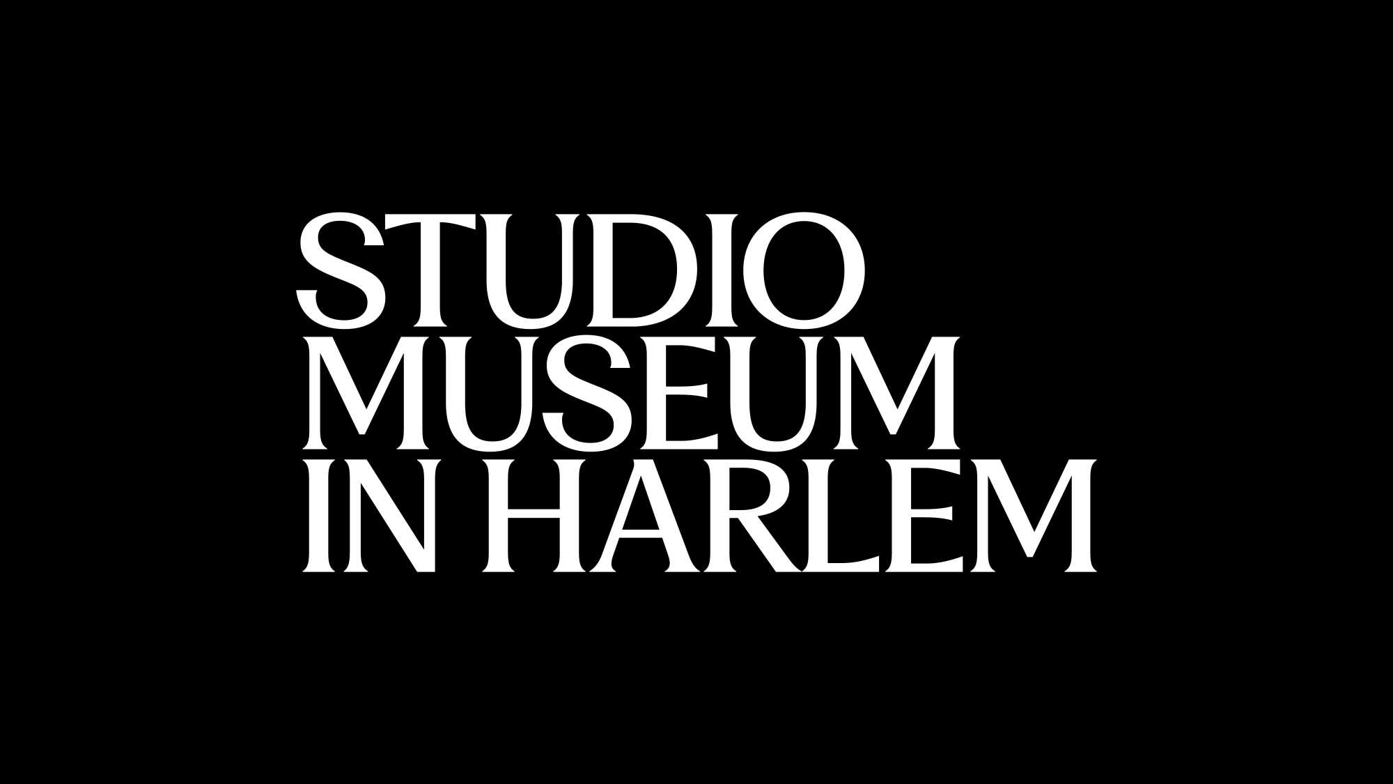 The logo for The Studio Museum in Harlem. The words are stacked to mimic the steps of a Harlem brownstone. The white font, which was specially designed for The Museum and is called 'Studio Museum Black' sits on a black background. 