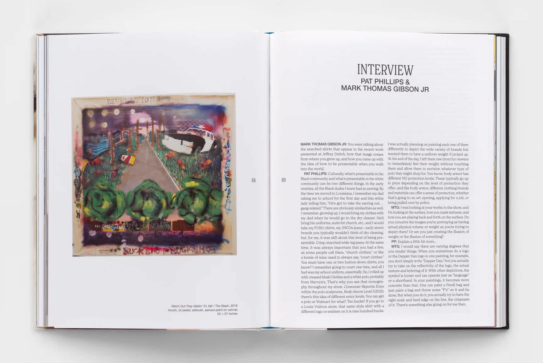 Book interior that features a painting on the left page and an interview on the right page.