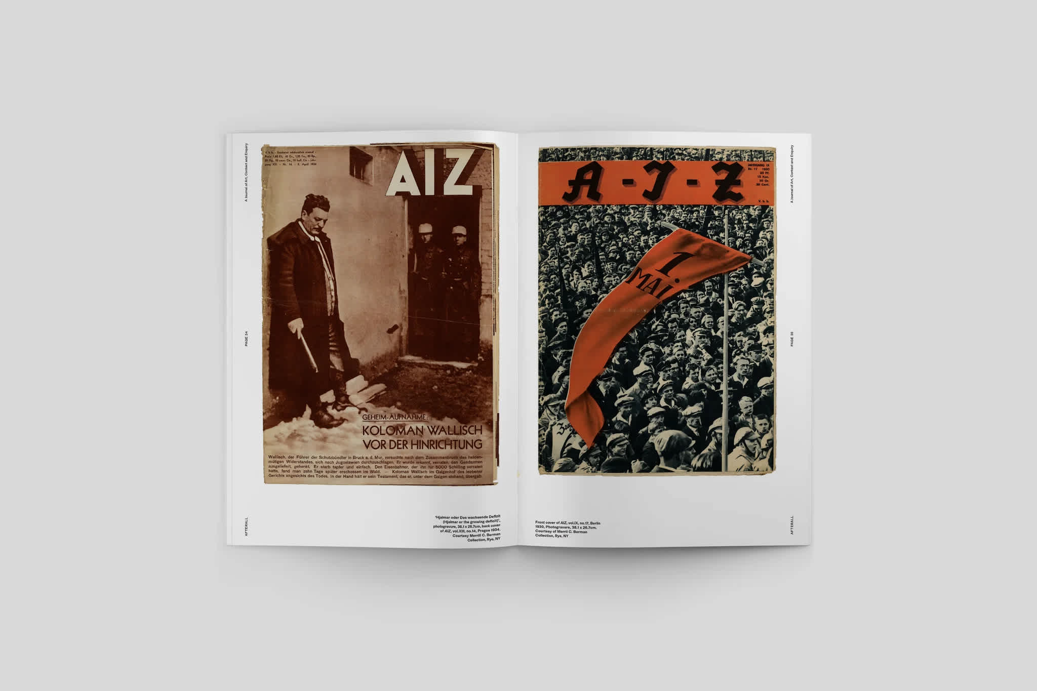 Magazine interior. The left page features a sepia-toned poster with a suited man standing in the hallway. The letters AIZ are above him on the right side of the page. The right page is a poster that features a black and white photograph of a crowd. A red banner waves across the center. The letters AIZ spread across the top of the page. 