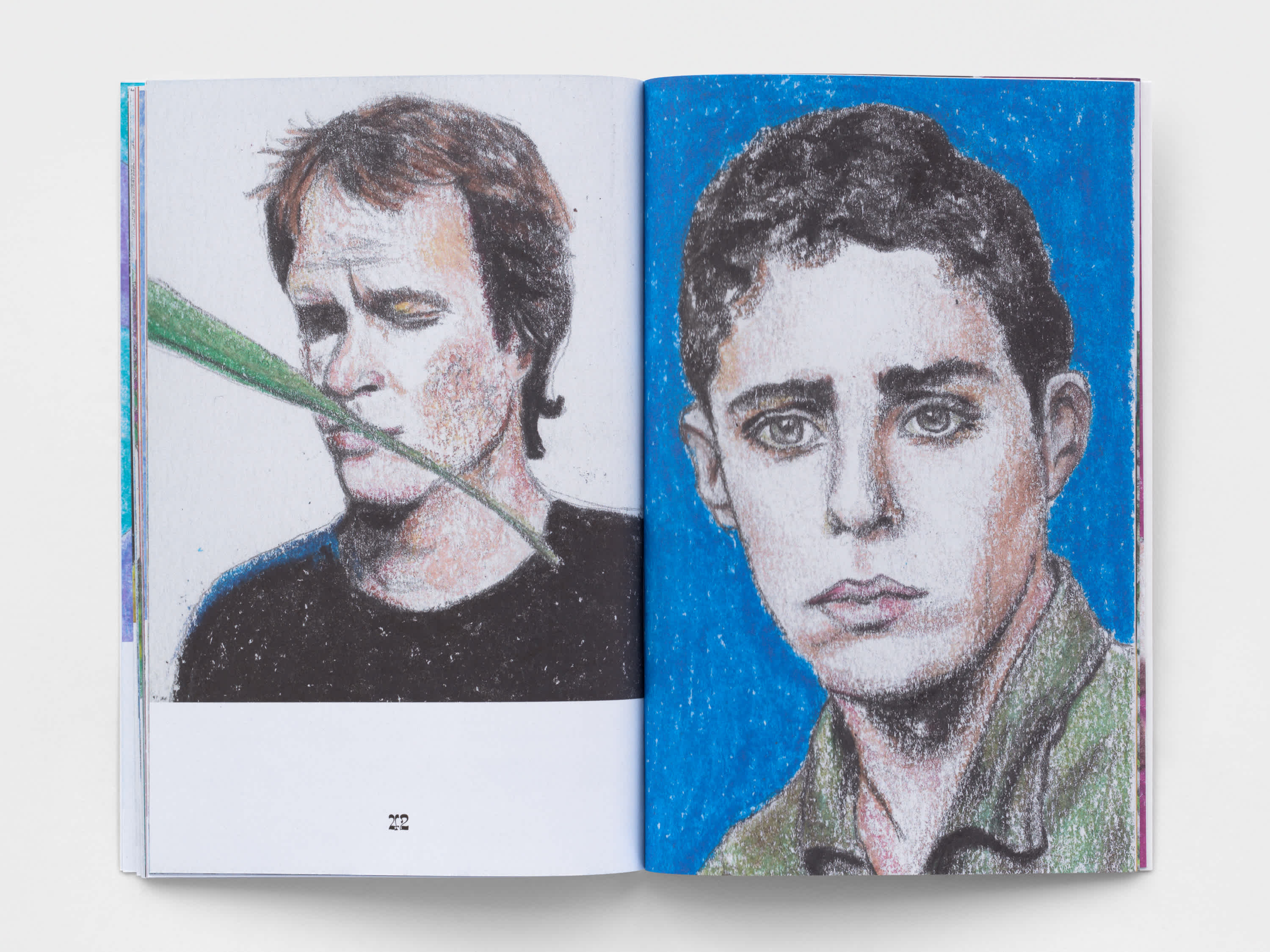 An open book with a drawing of Arthur Russell on the left page and a drawing of Chico Buarque in front of a blue background is on the right page. 