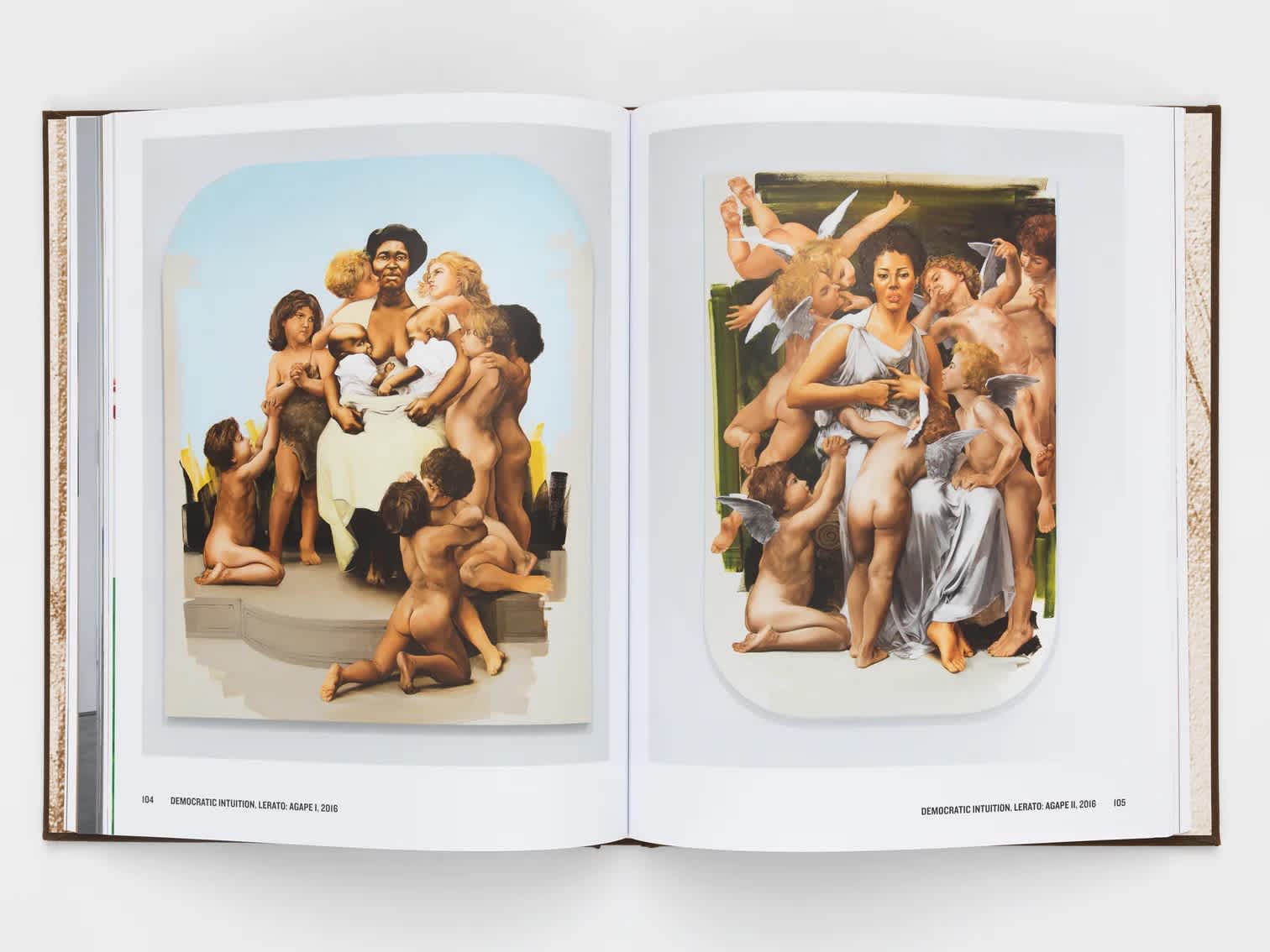 Open book with a painting on either page.