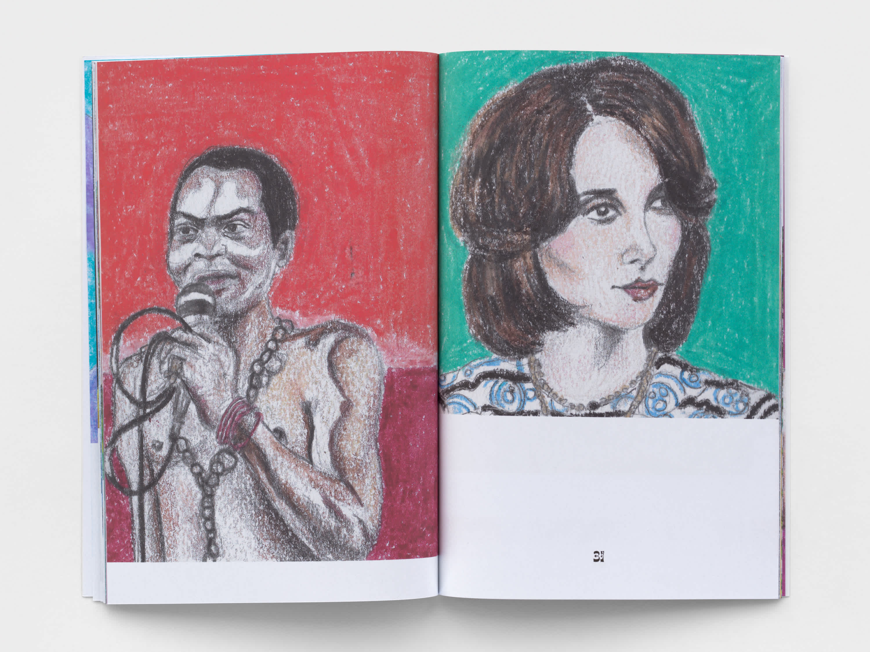 An open book that shows a crayon drawing on each page. The left page is a depiction of Fela Kuti in front of a red background. The right drawing shows Fairuz on a teal background.