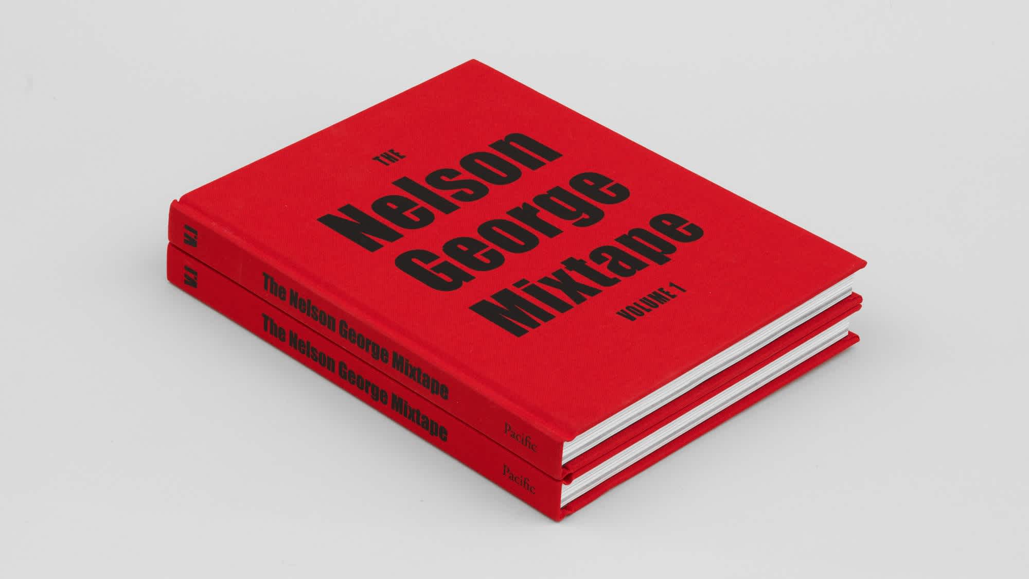Two bright red books with bold, black title, "The Nelson George Mixtape, Vol. 1" on the front cover. The two books are stacked on top of each other and run diagonally across the plane.