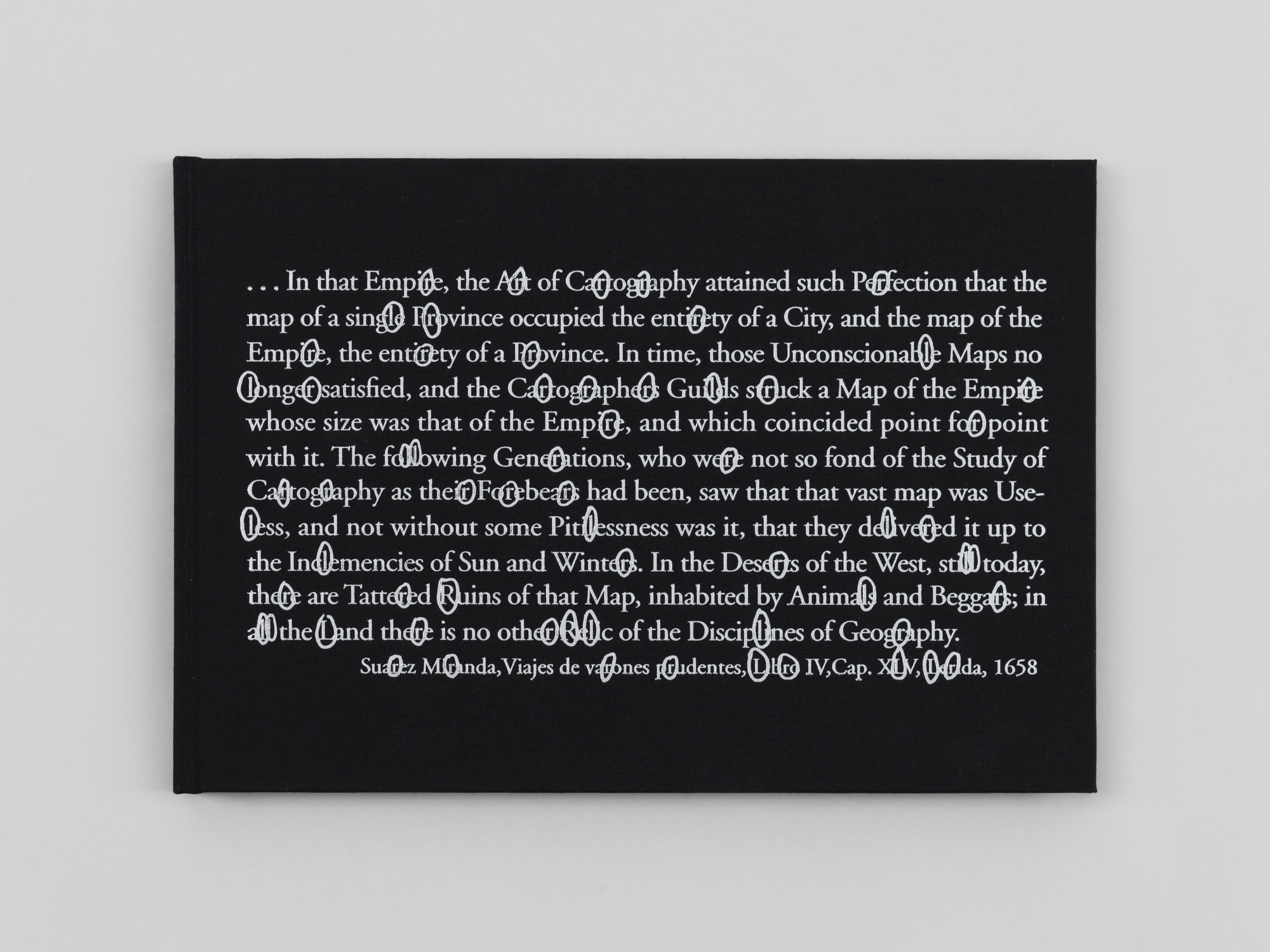 Black rectangle book cover with white text all over. 