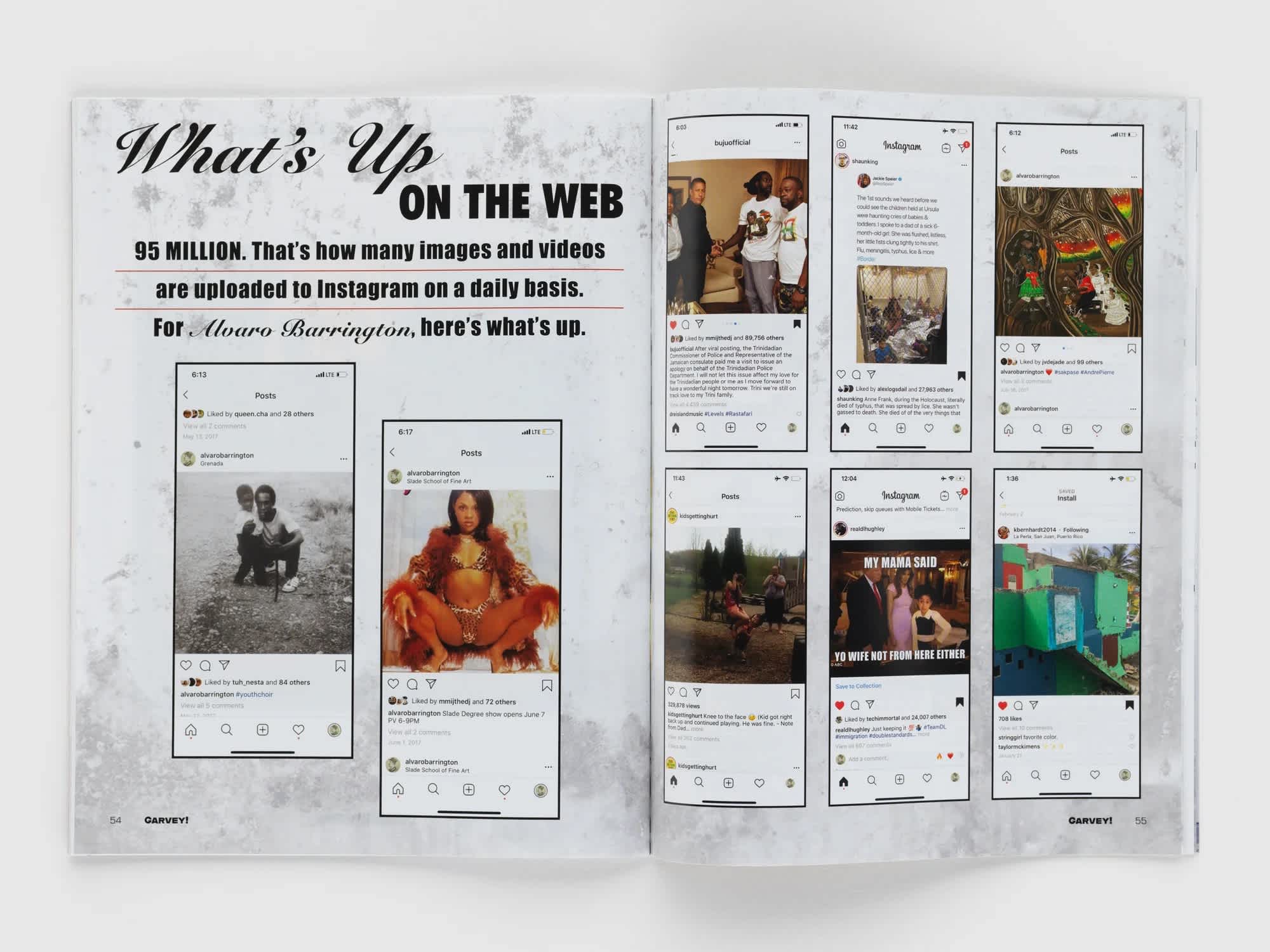 Open book with a series of screenshots from Instagram on both pages.