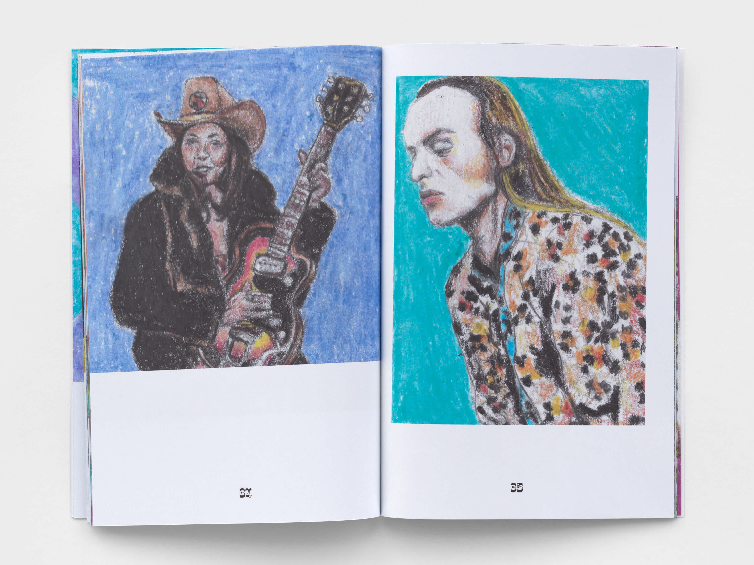 An open book. Jessie Mae Hemphill is depicted in crayon on the left page. A crayon drawing of Brian Eno is on the right page. 