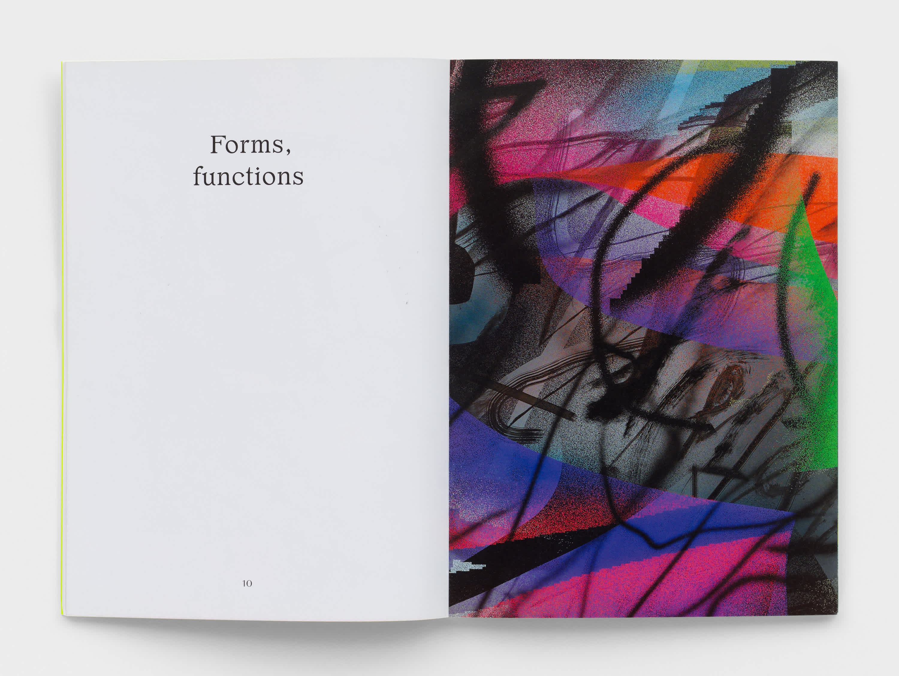 Open cover with title on left page and abstract artwork on right page.