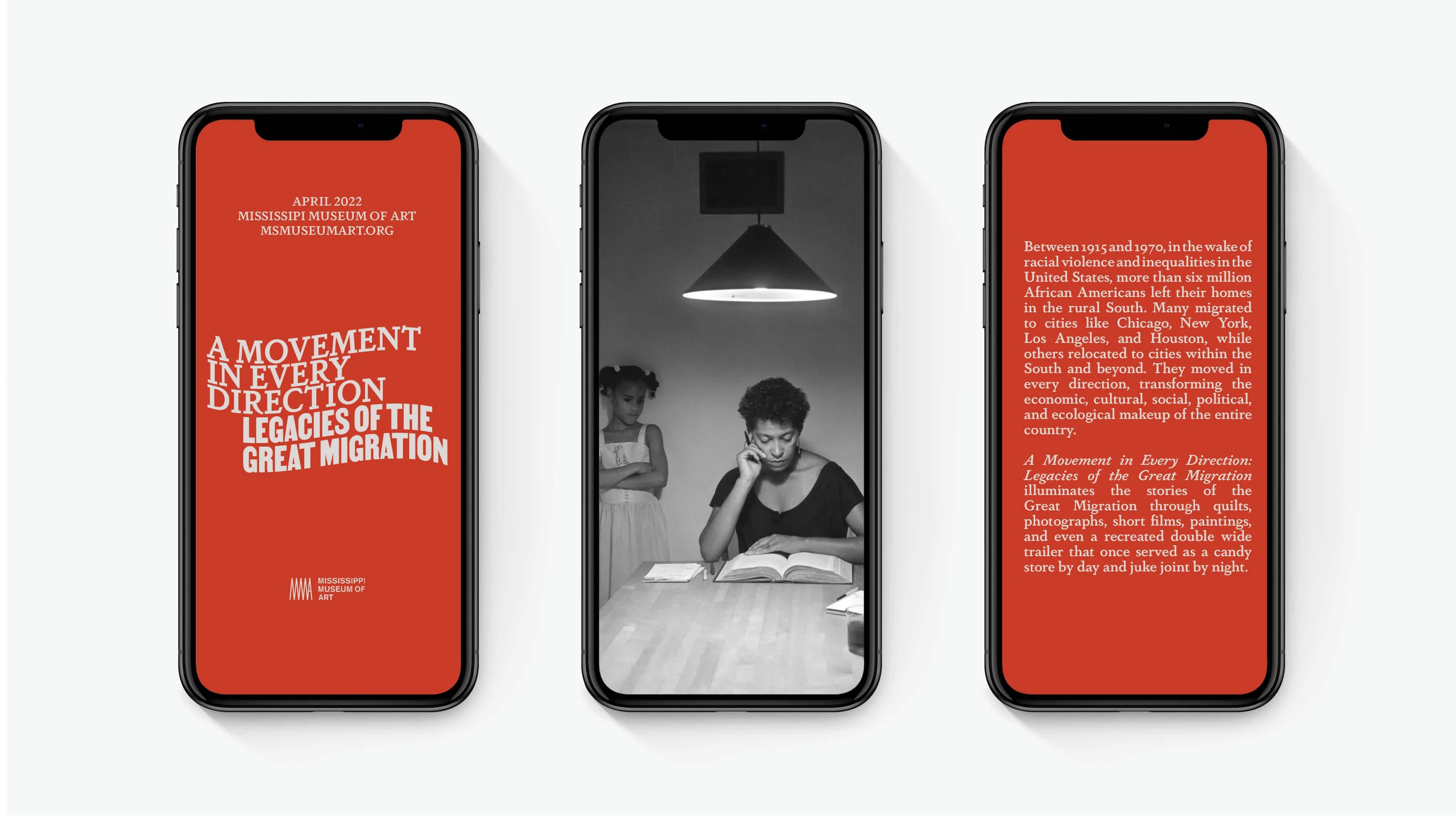Three phones in a row. Each screen has a different image. The left and right screens have white text over a red background. The center image is a black white photograph of a woman reading a table as her daughter watches over her shoulder taken by Carrie Mae Weems.