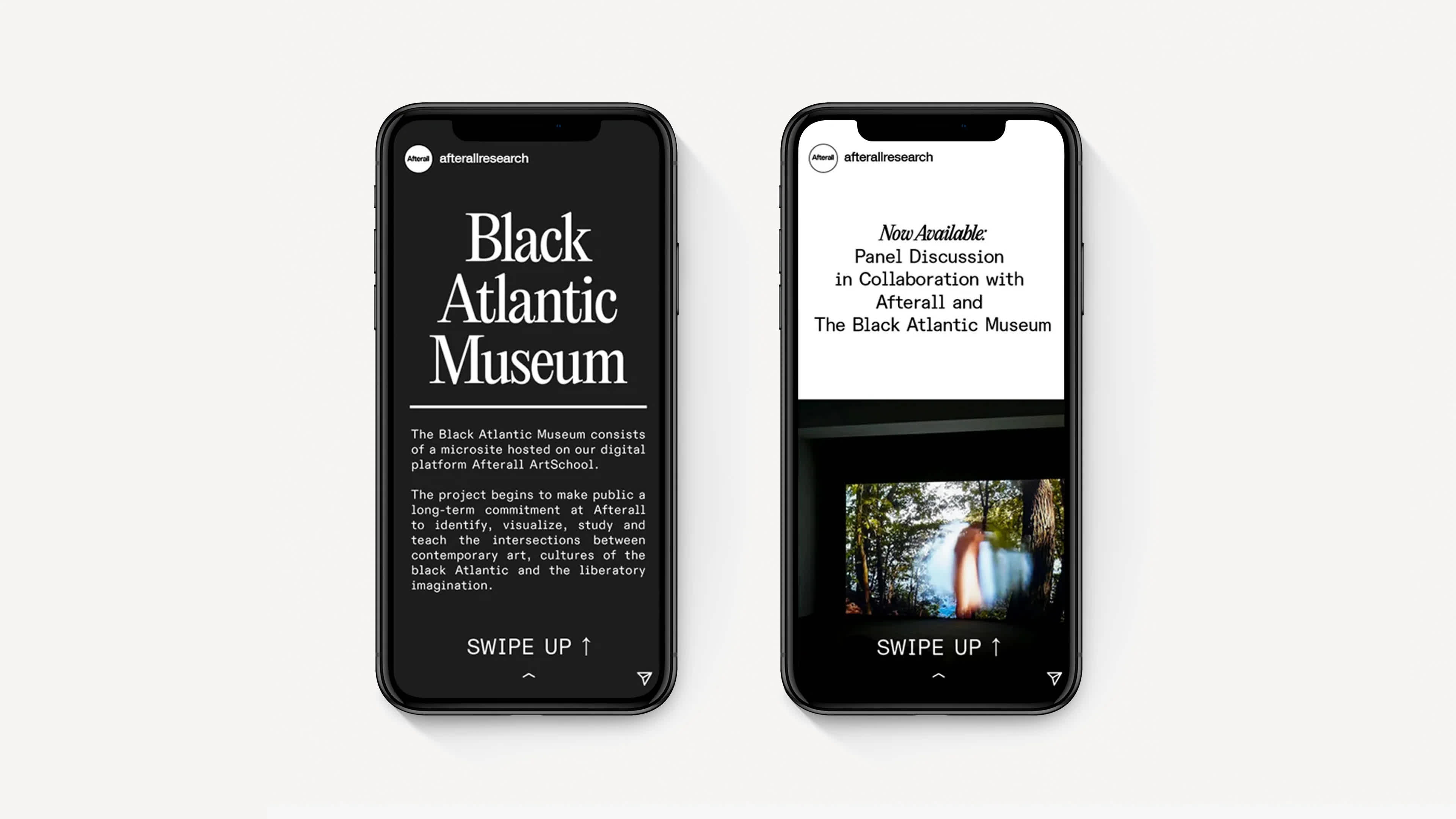 Two phones on an off-white background. The left phone features an instagram story with the title "Black Atlantic Museum" in white text on a black background. The phone on the right is also an instagram story, but the screen is split in half. The top half if white with black text, and the bottom half is an image of a film screening in a dark room.