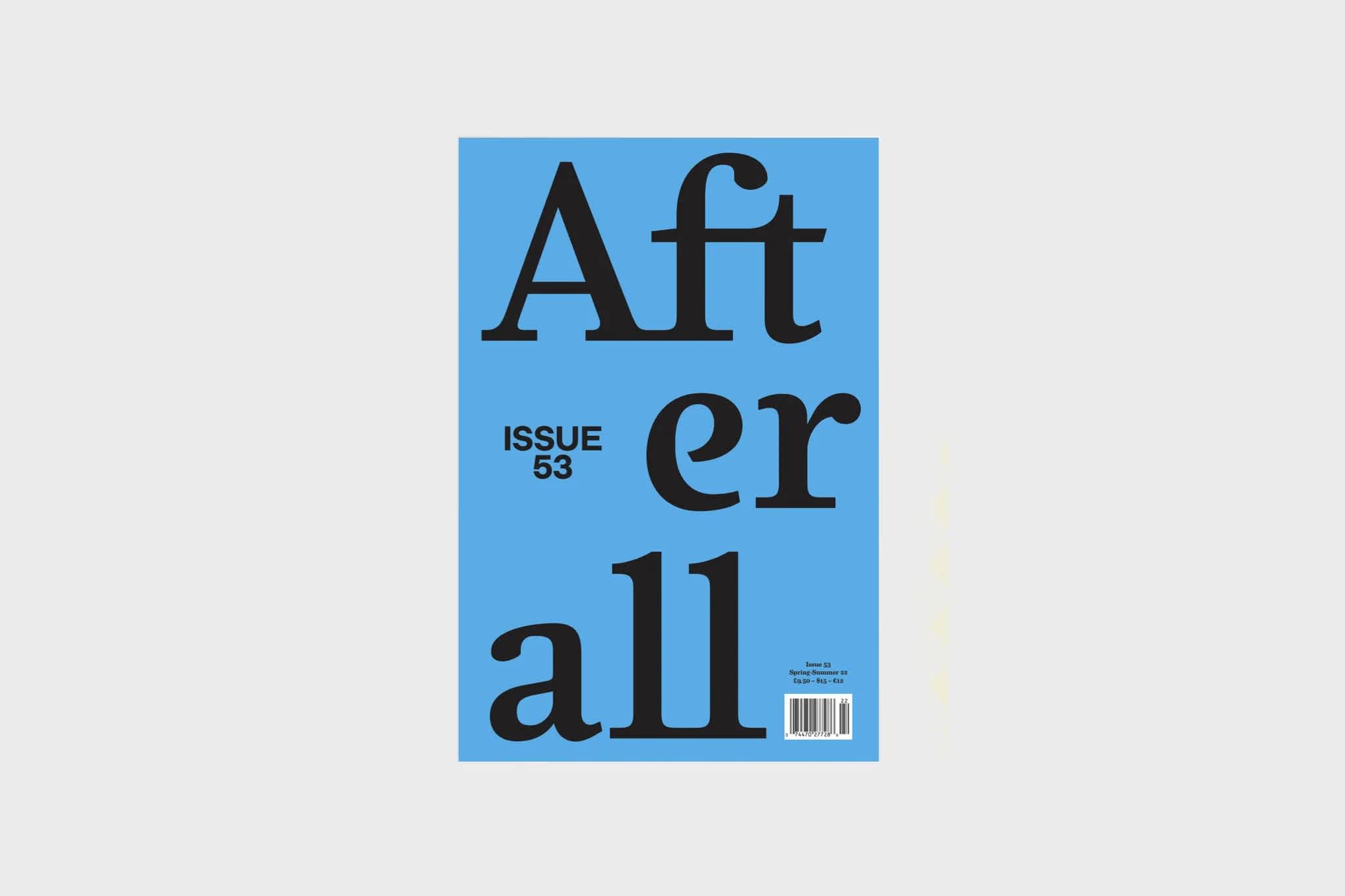 Light blue magazine cover with title, "Afterall" in black letters. The text "Issue 52" is printed in black on the left side. 