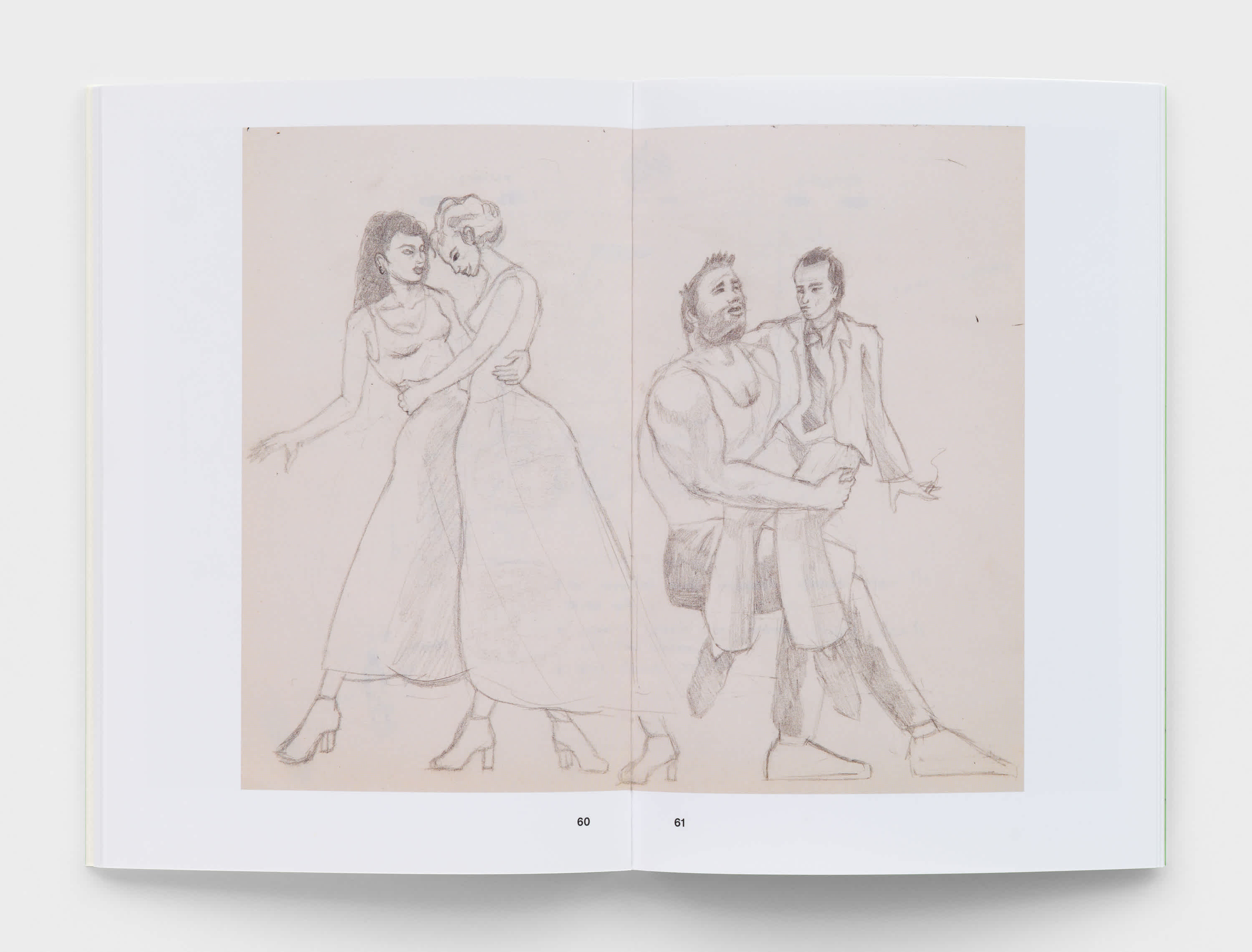 Open book with centerfold sketch of two couples embracing.