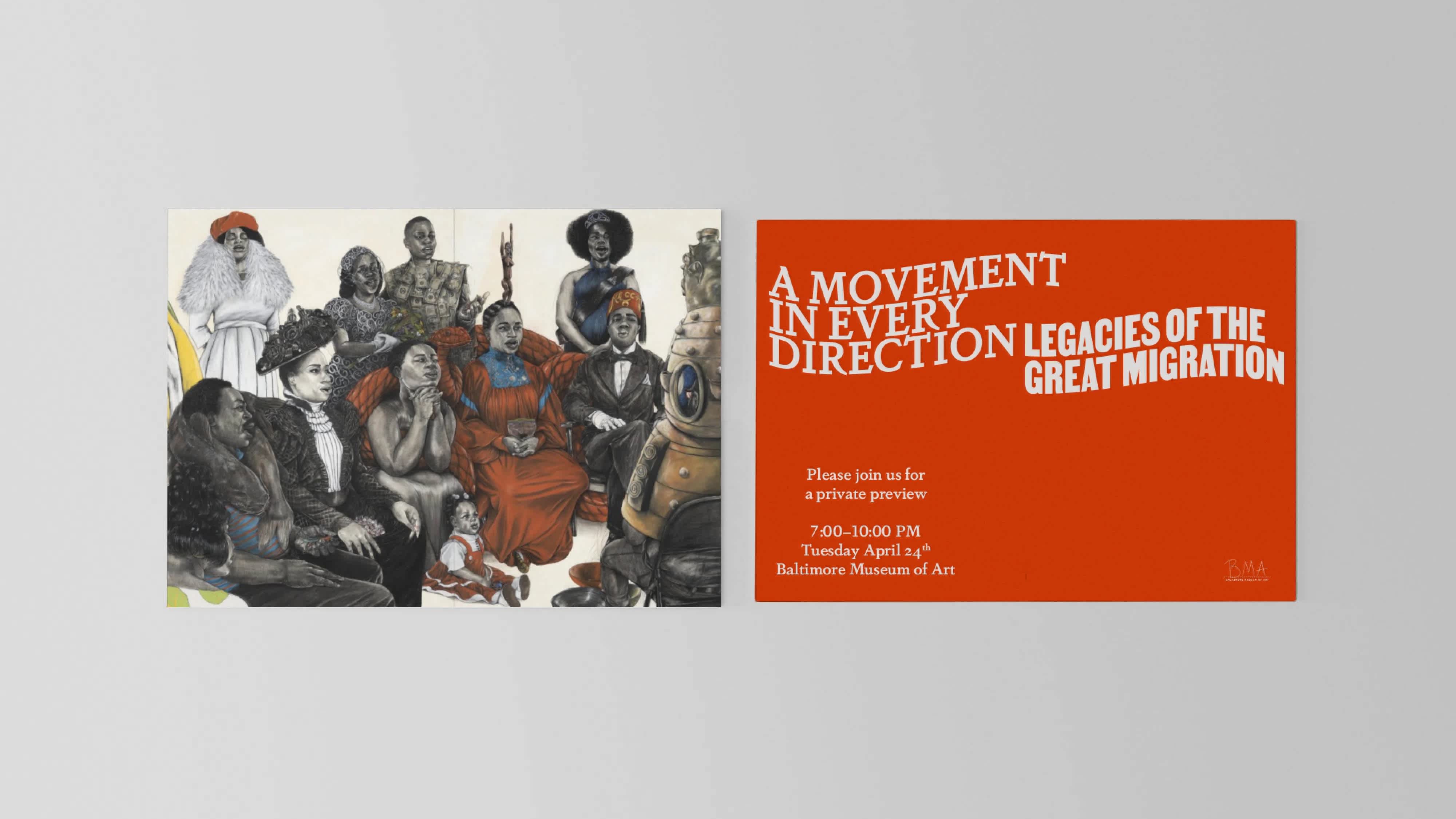 The front and back of a postcard side by side. The left shows an artwork. The right is red with undulating white text running across it.