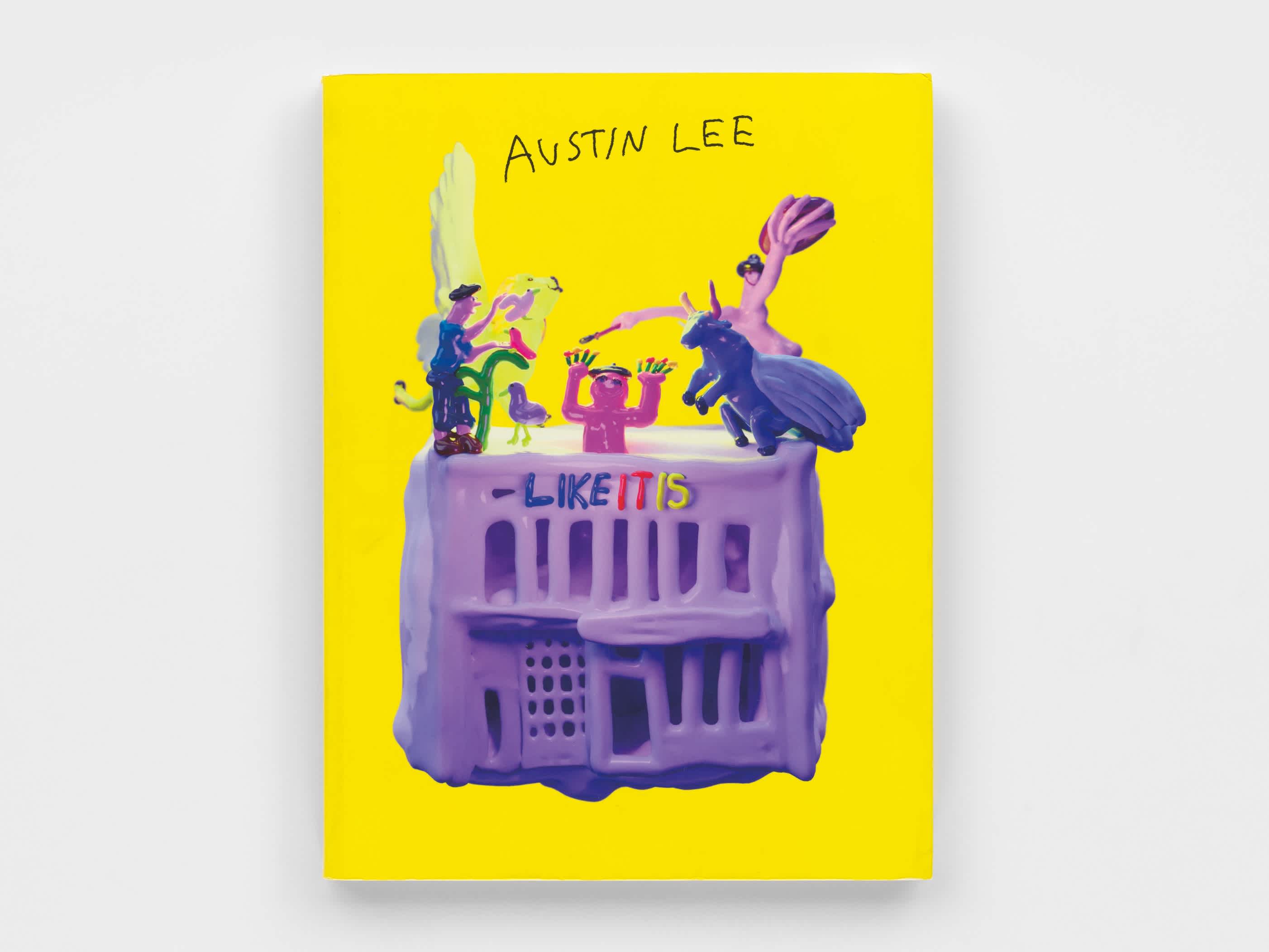 Bright yellow book cover with light purple sculpted characters over in the center. The characters dance on top of an amorphous purple building. The title of the book is sculpted into colorful letters at the top of the building. The artist's name is scrawled in black penmanship above the figures. 
