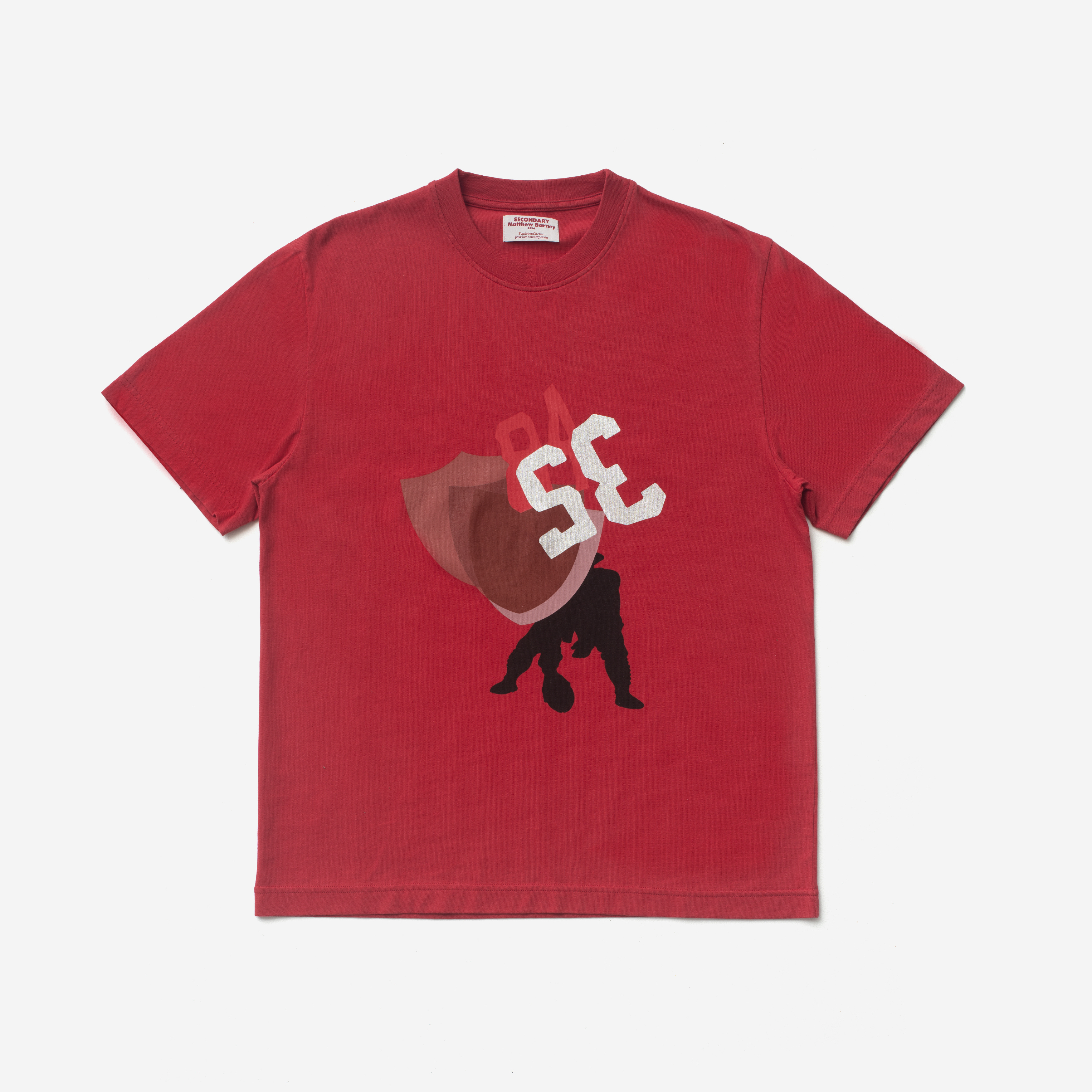 Image of a red t-shirt on a grey background. 