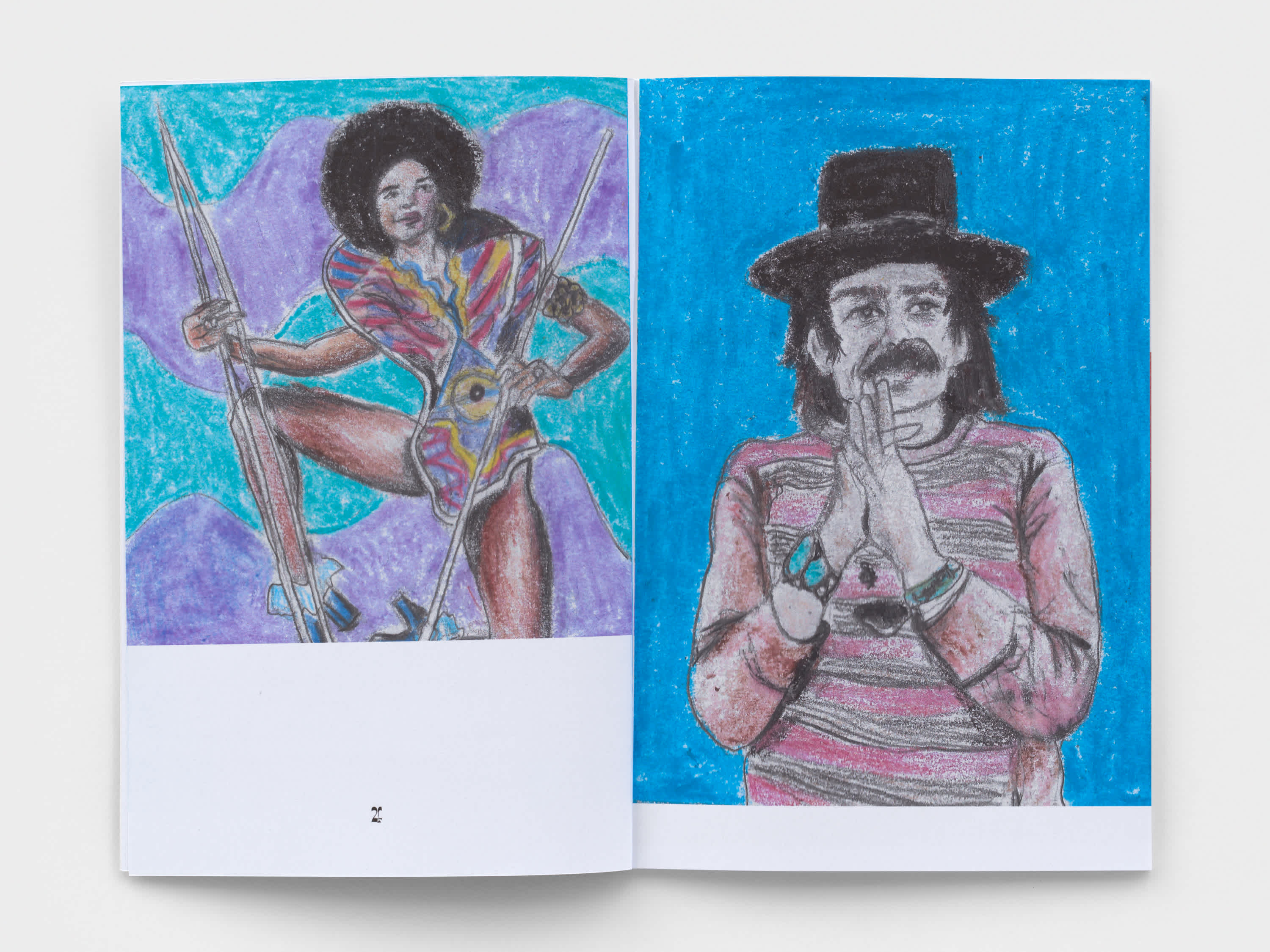 Two crayon drawings on the pages of an open book. Each drawing features a prominent musician in front of a blue background.