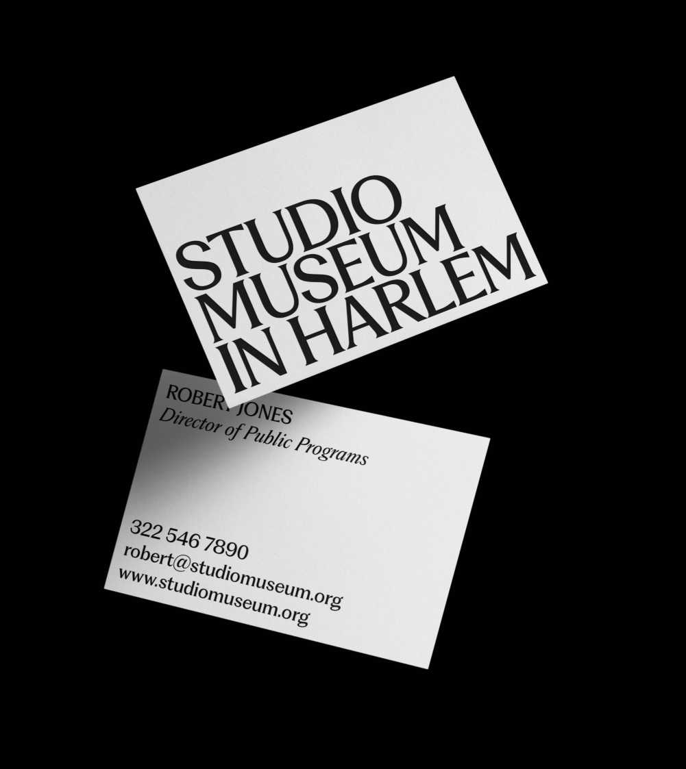 Two white floating business cards on a black background. The top card features the Studio Museum in Harlem logo. The bottom features the card owner's name and information.