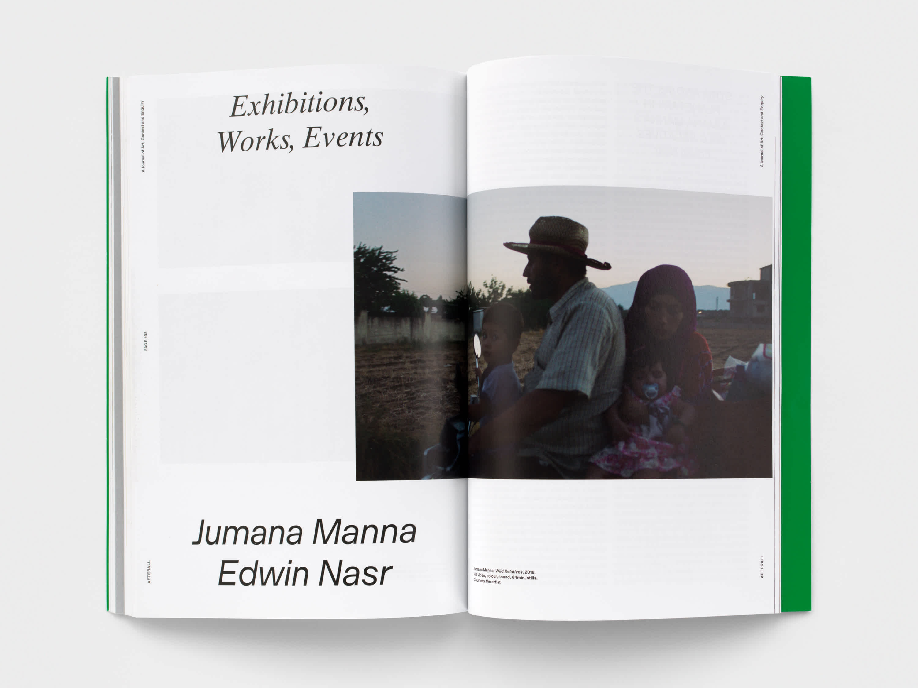 Magazine interior with a section title on the top left page and author names on the bottom left page. A photograph of a family occupies the right page and bleeds slightly into the left page.