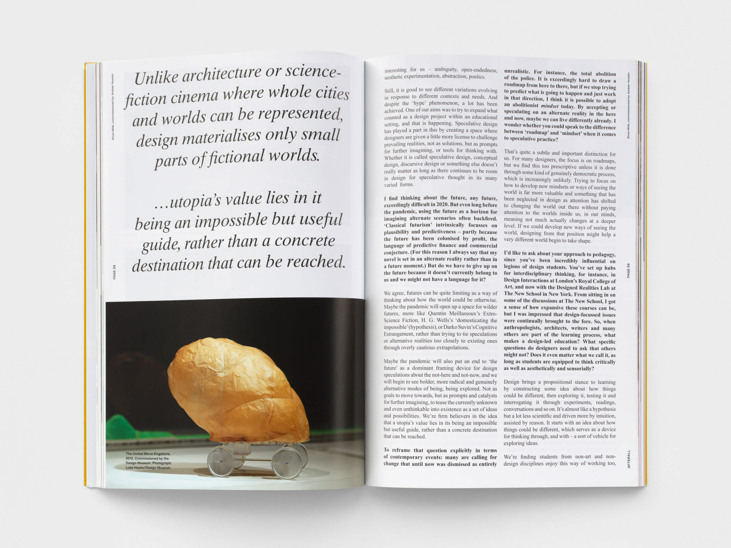 Open magazine with a text on the left page and right pages. The left page also features a half page image on the bottom. 