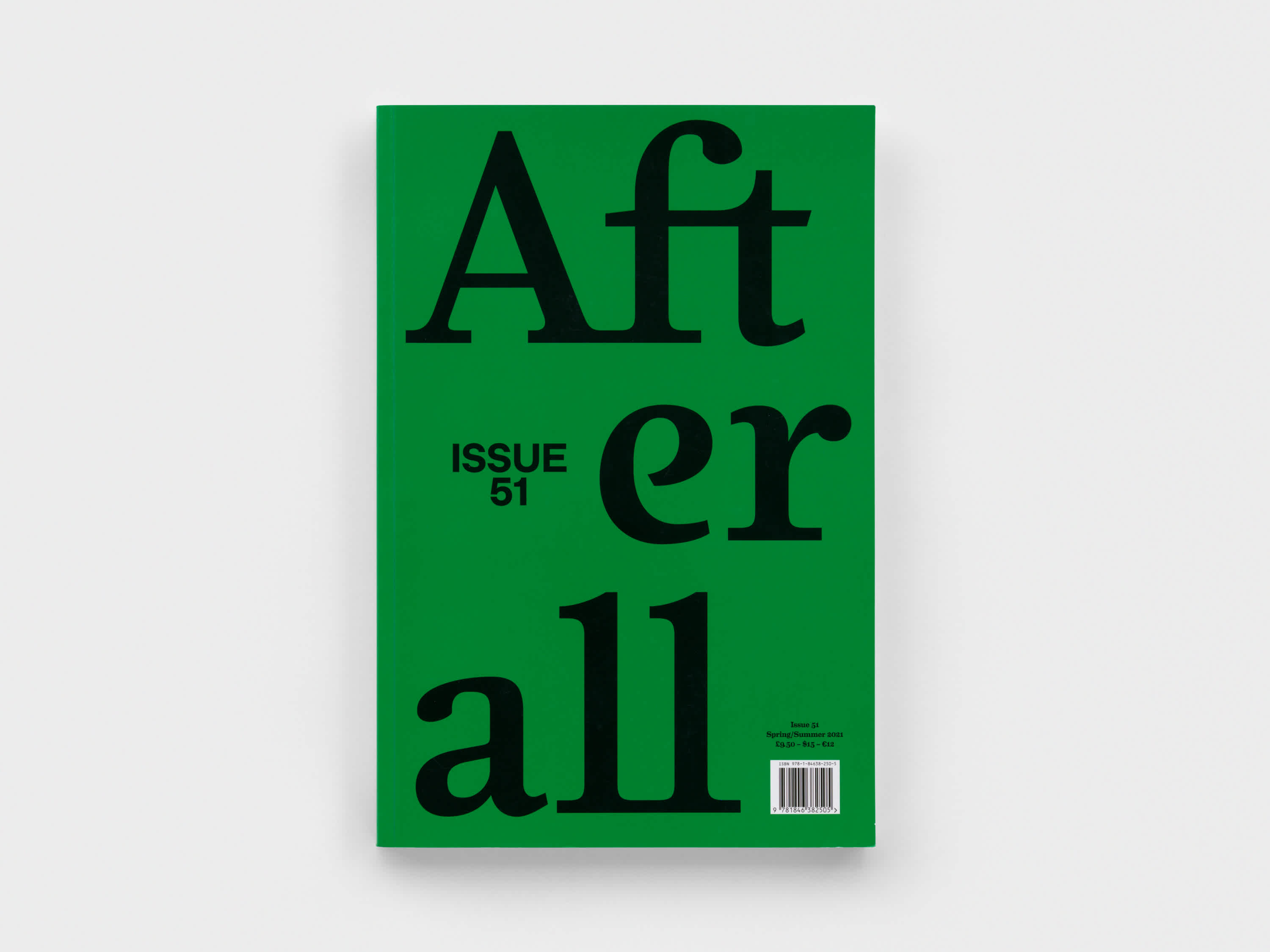 Green magazine cover with title, "Afterall" in black letters. The text "Issue 51" is printed in black on the left side. 
