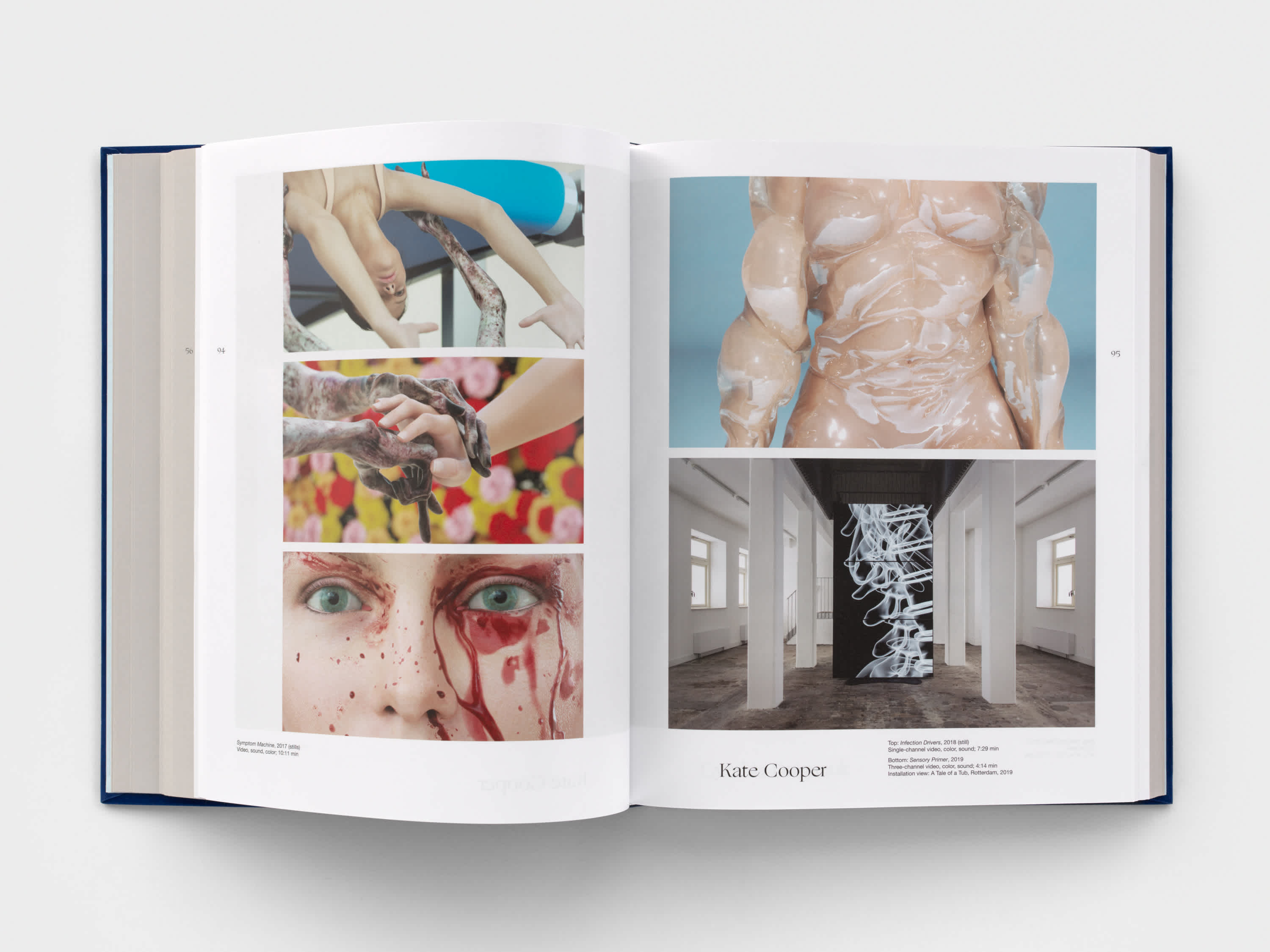 An open book with artwork images. The left page has three colorful images stacked in a vertical row. The right page has two images aligned vertically.