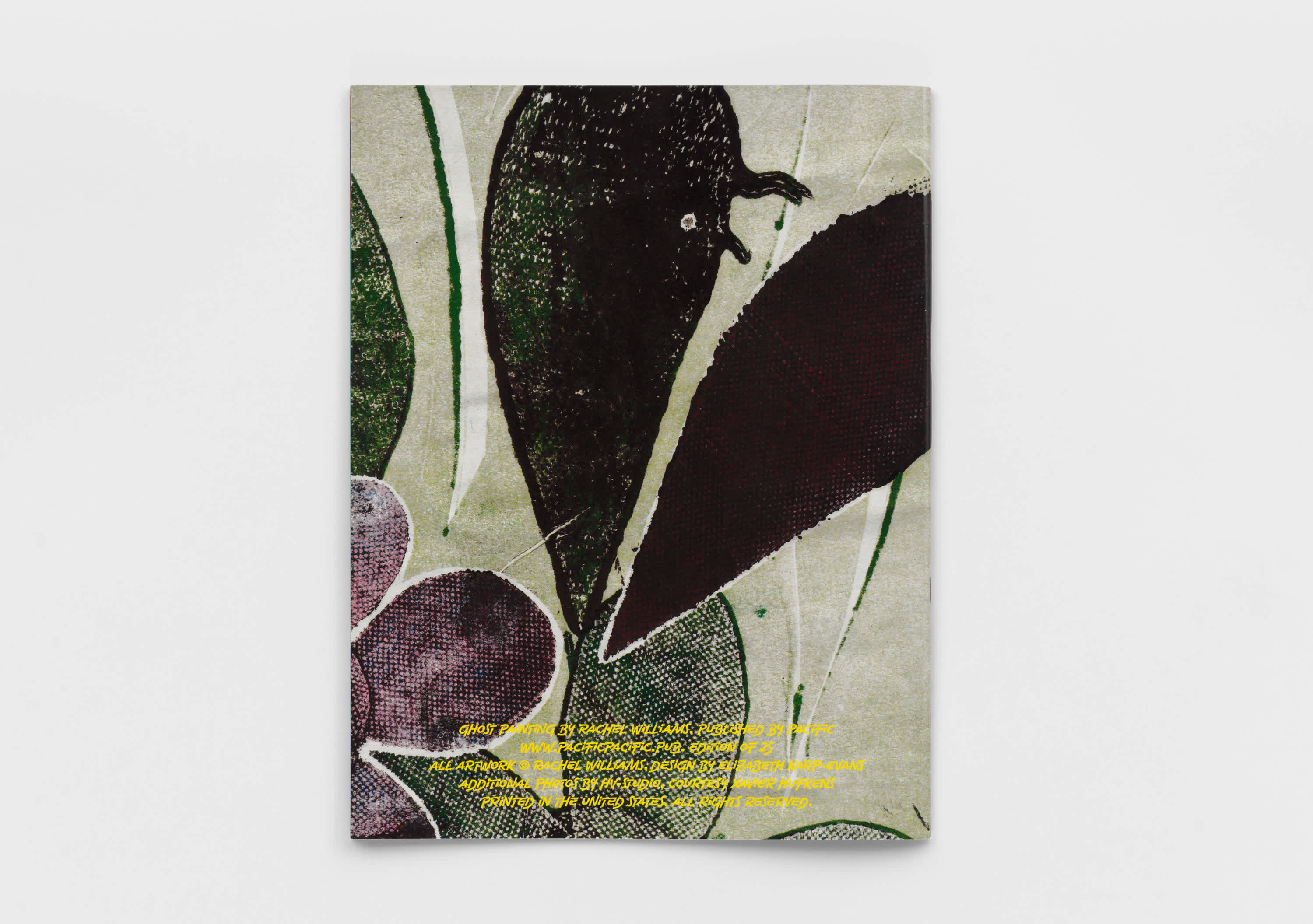 Muted green, purple and blue abstract flowers on a back book cover. A small block of yellow letters is at the bottom of the cover.