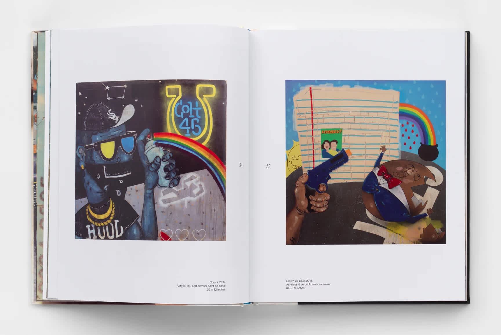Book interior with a painting by the artist, Pat Phillips, on either page. The paintings are a mix of acrylic, ink, aerosol paint on a panel and canvas. Both works are vivid colors and include renderings of a rainbow. Various characters make up the scenes.