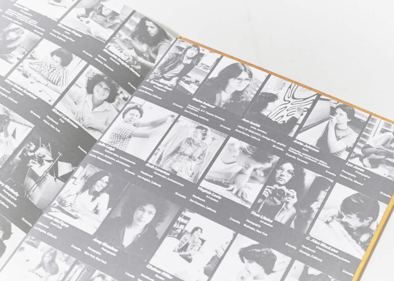 Detail of an open book. Black and white headshots of women run in rows across the whole page. 