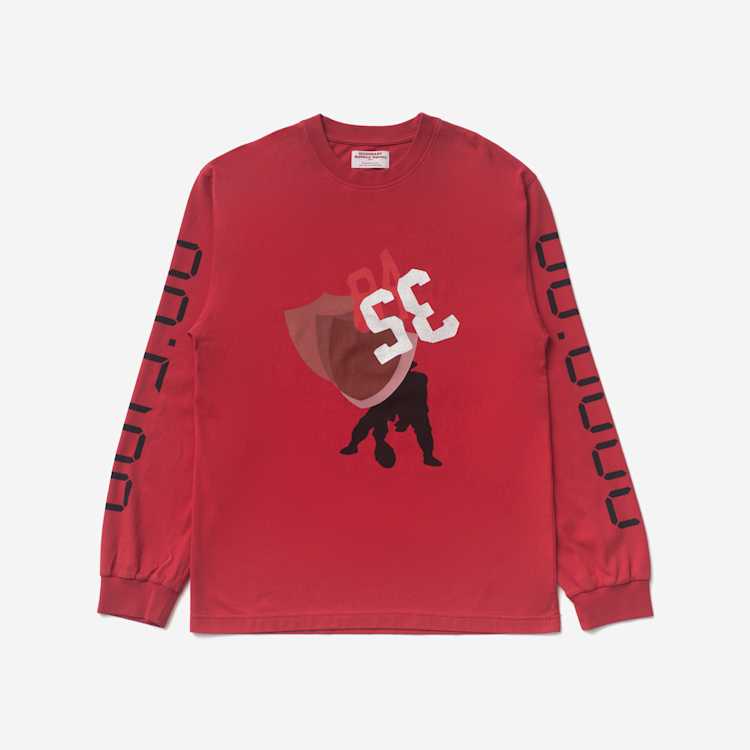 Image of a red long sleeve t-shirt on a grey background.