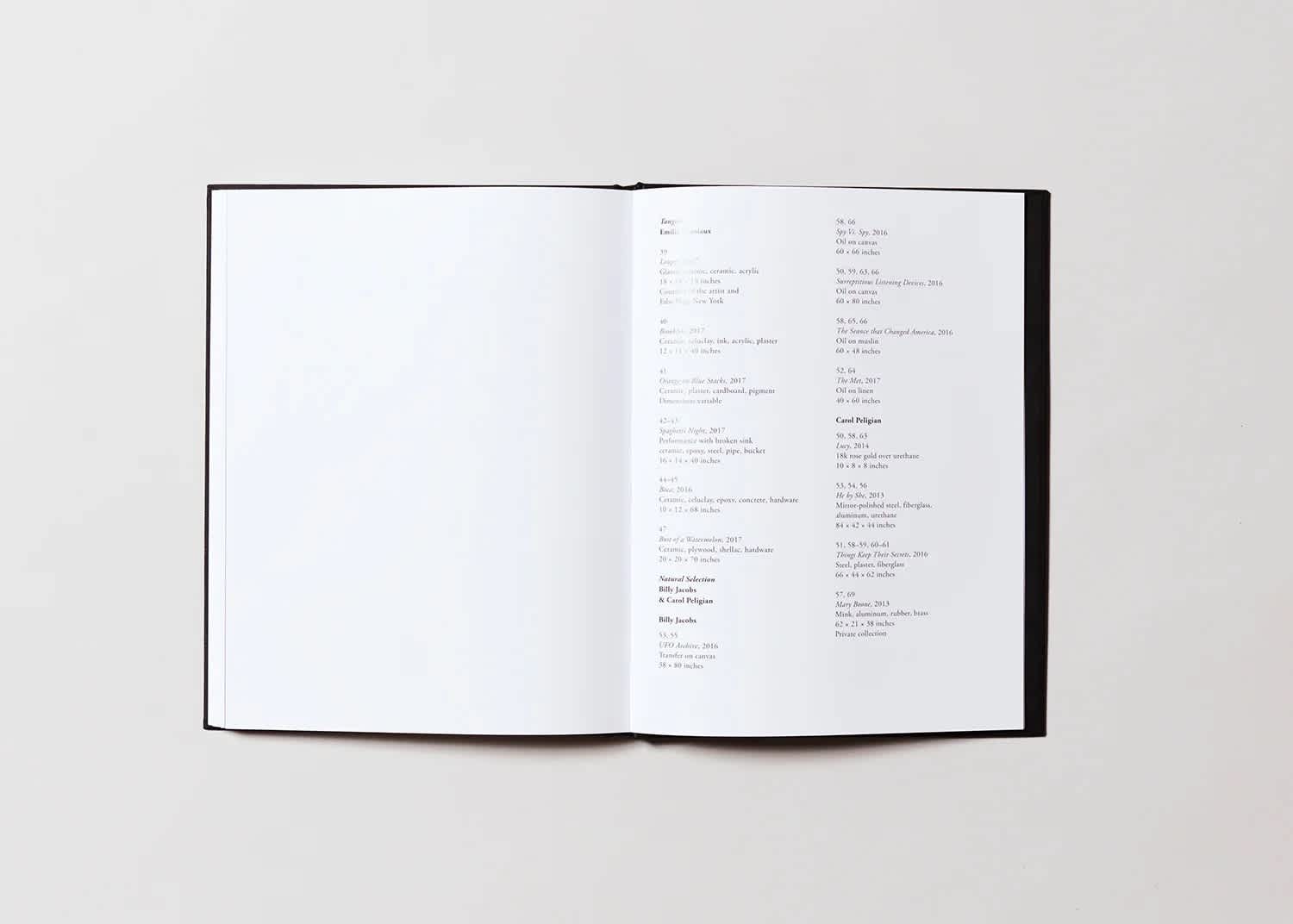Open book with blank left page and list of artworks in two columns on the right page.