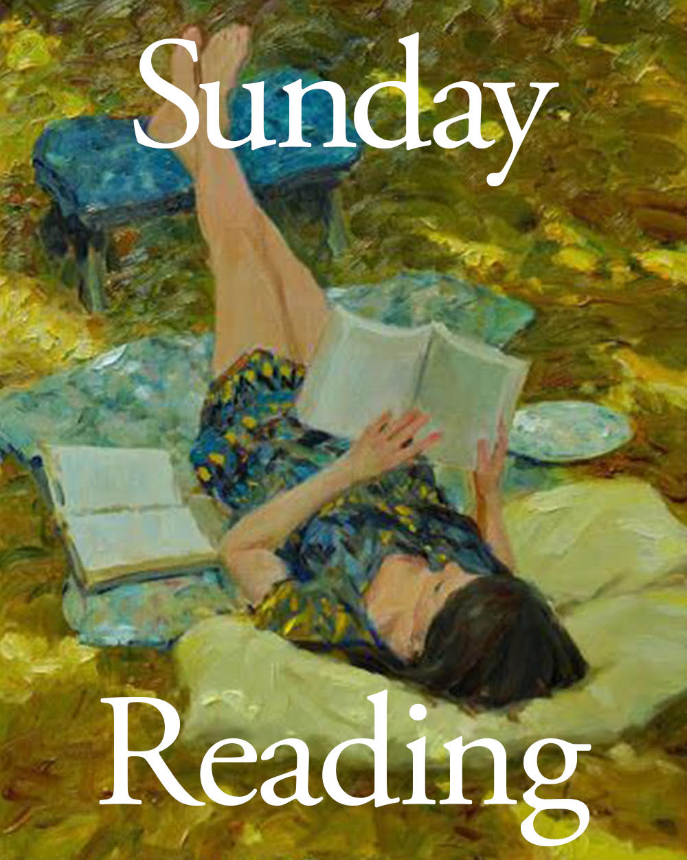 A woman lies on a blanket outdoors, reading a book with another book open beside her. She is surrounded by greenery and sunlight. The words Sunday Reading are written in large white letters above and below her.