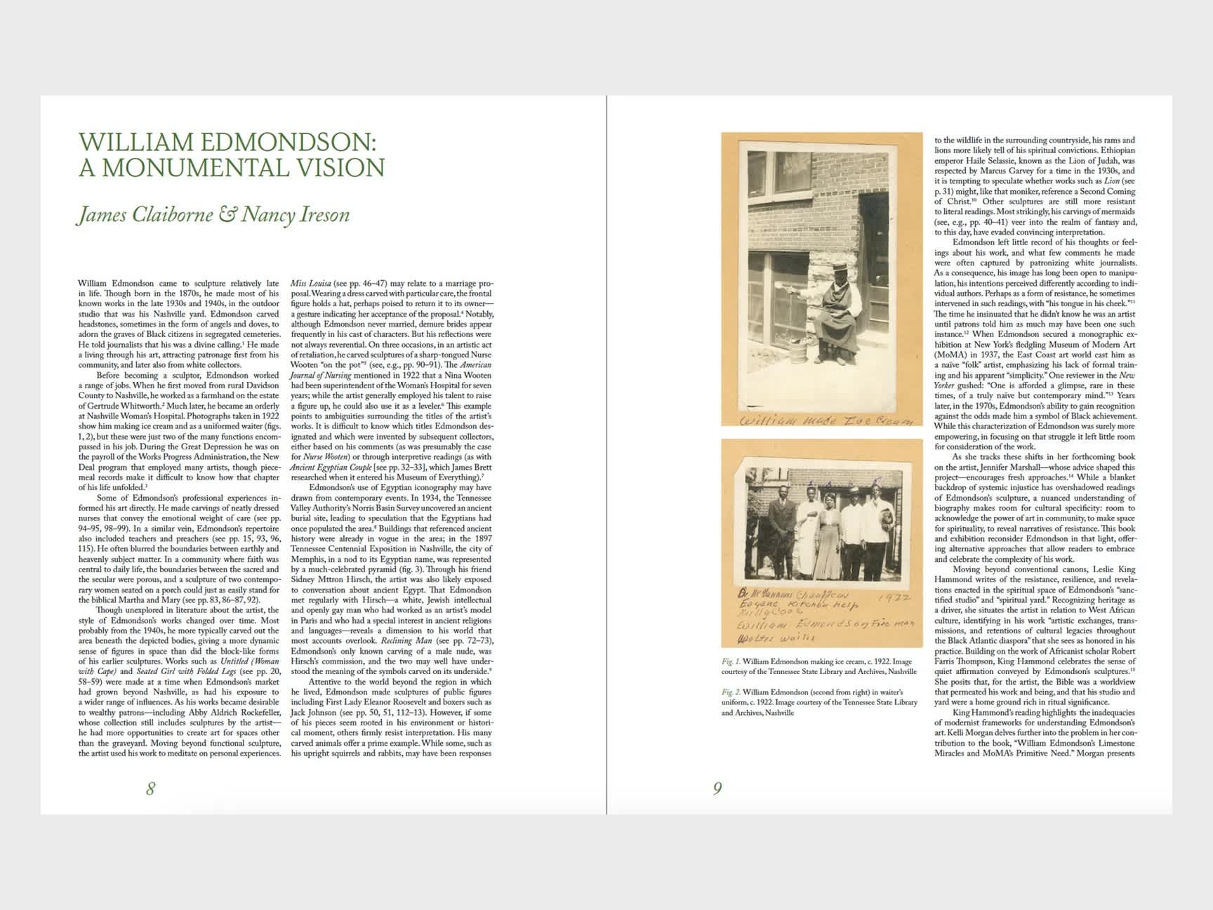 Book interior. The left page has two columns of text beneath a green title. The right page features a column of two images next to a column of text. The images are early photographs of the sculptor William Edmondson.